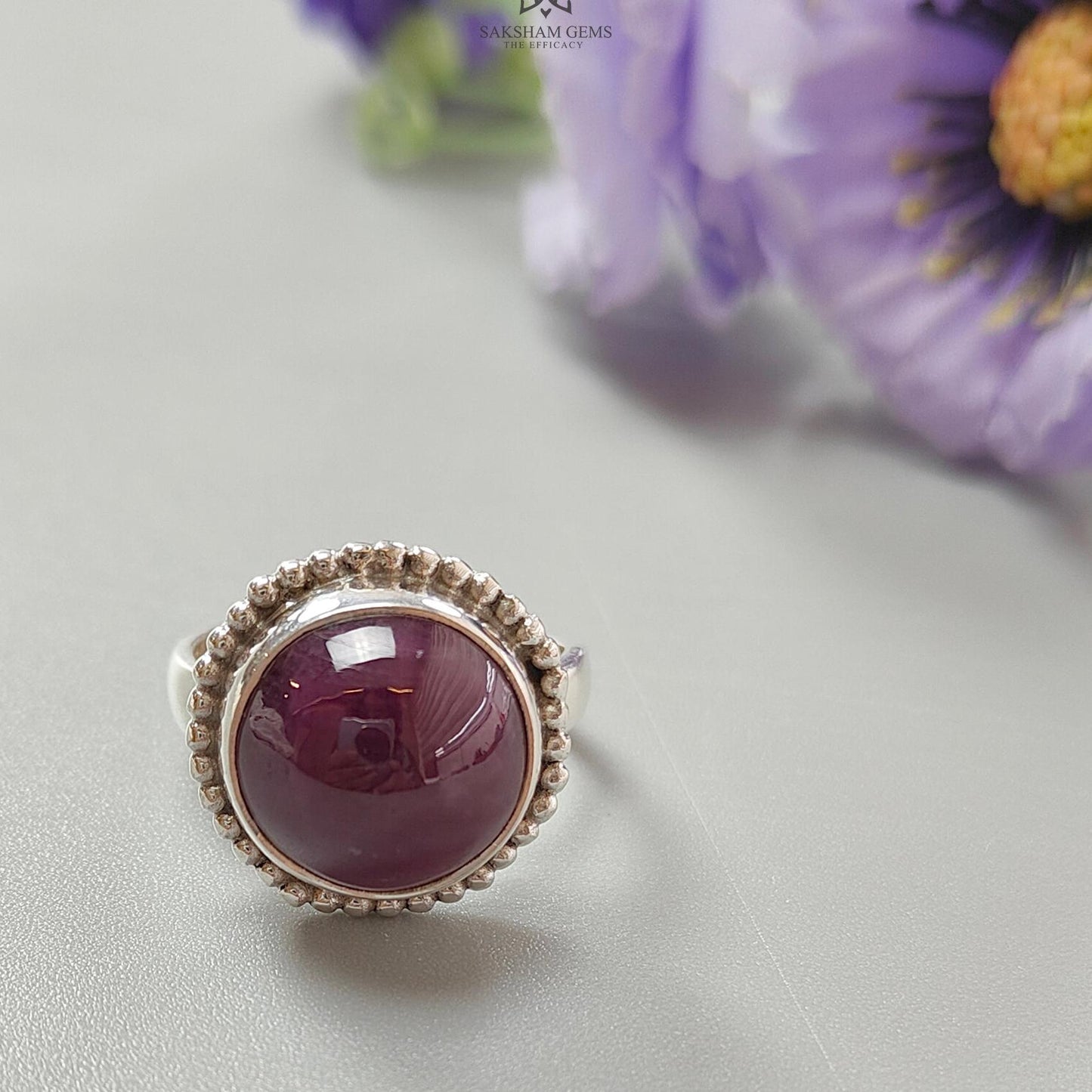 Red Ruby Silver Ring: 8.15gms. Natural Ruby Untreated Cabochon Round Shape 925 Sterling Silver Bezel Set Ring Adjustable