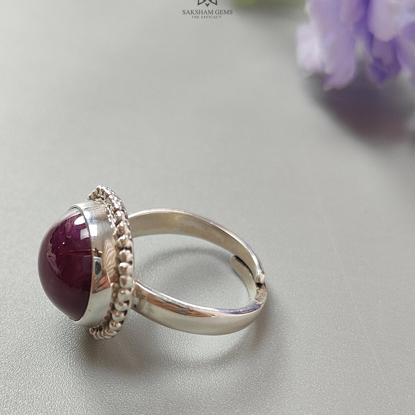 Red Ruby Silver Ring: 8.15gms. Natural Ruby Untreated Cabochon Round Shape 925 Sterling Silver Bezel Set Ring Adjustable