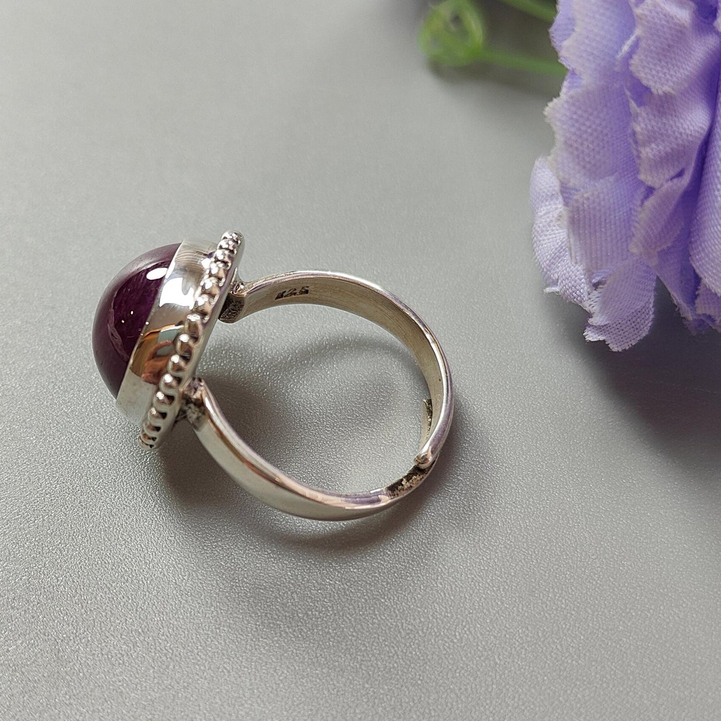 Red Ruby Silver Ring: 8.15gms. Natural Ruby Untreated Cabochon Round Shape 925 Sterling Silver Bezel Set Ring Adjustable