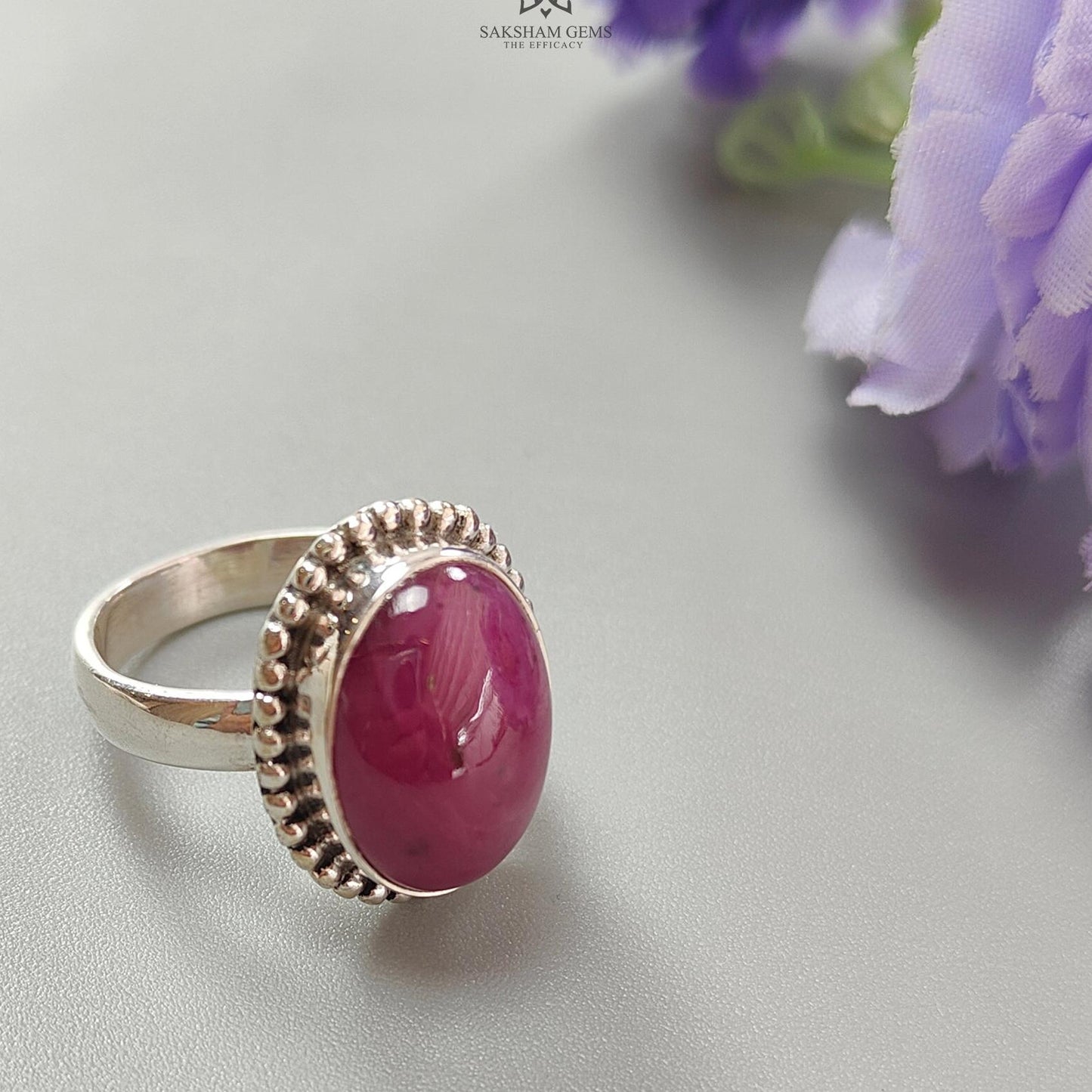 Red Ruby Silver Ring: 8.2gms. Natural Ruby Untreated Cabochon Oval Shape 925 Sterling Silver Bezel Set Ring 7.5 US