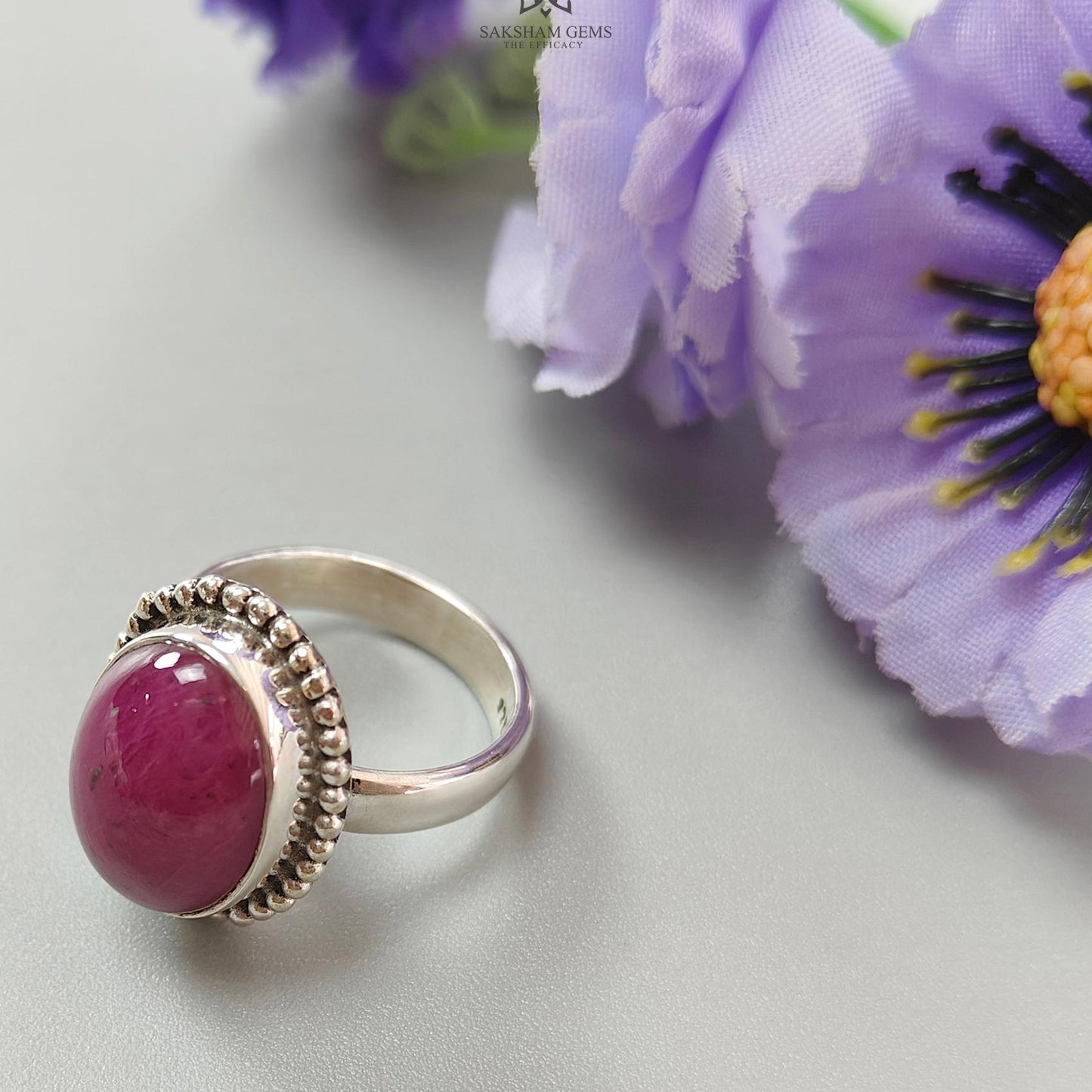 Red Ruby Silver Ring: 8.2gms. Natural Ruby Untreated Cabochon Oval Shape 925 Sterling Silver Bezel Set Ring 7.5 US