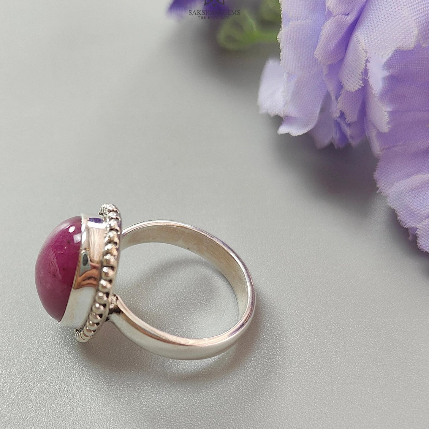 Red Ruby Silver Ring: 8.2gms. Natural Ruby Untreated Cabochon Oval Shape 925 Sterling Silver Bezel Set Ring 7.5 US