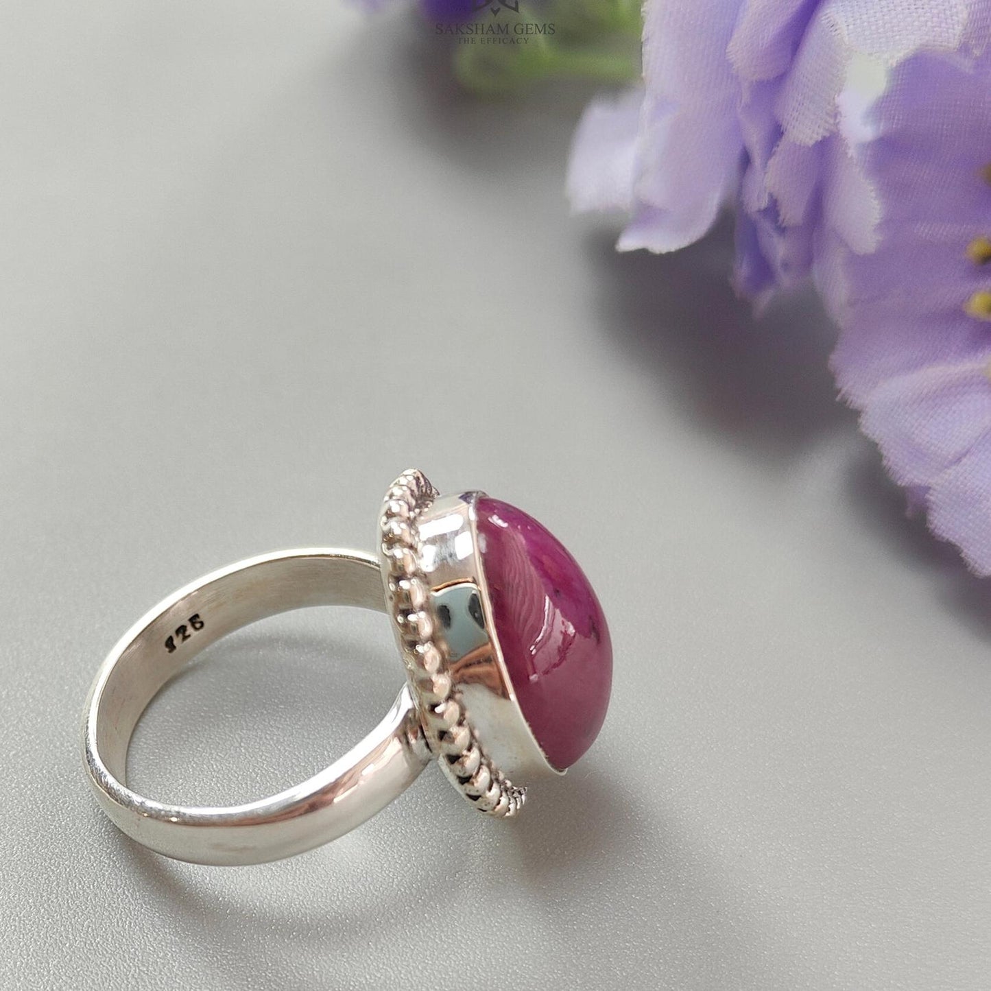 Red Ruby Silver Ring: 8.2gms. Natural Ruby Untreated Cabochon Oval Shape 925 Sterling Silver Bezel Set Ring 7.5 US