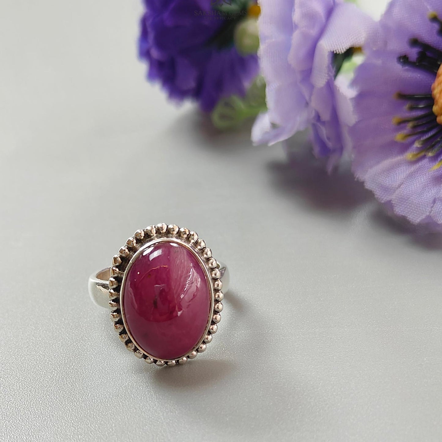 Red Ruby Silver Ring: 8.2gms. Natural Ruby Untreated Cabochon Oval Shape 925 Sterling Silver Bezel Set Ring 7.5 US