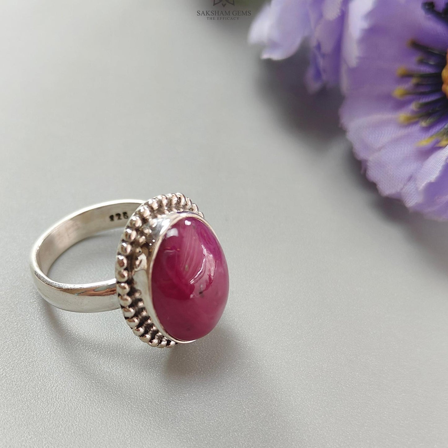 Red Ruby Silver Ring: 8.2gms. Natural Ruby Untreated Cabochon Oval Shape 925 Sterling Silver Bezel Set Ring 7.5 US