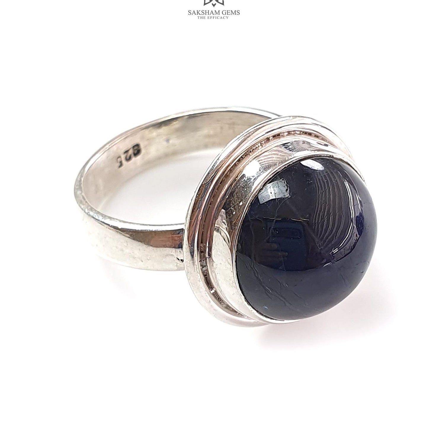 Blue Sapphire Silver Ring: 8.05gms Natural Sapphire Untreated Cabochon Round Shape 925 Sterling Silver Bezel Set Ring 7.5 US