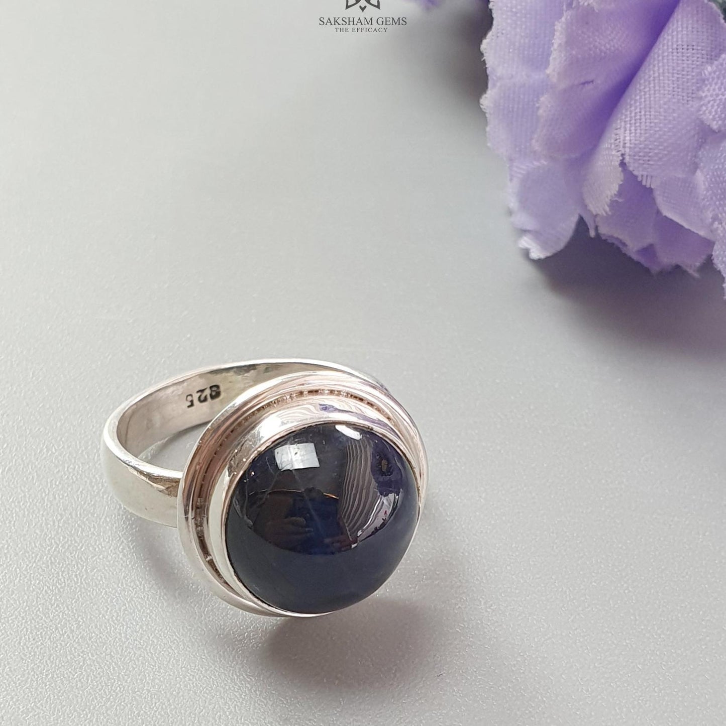 Blue Sapphire Silver Ring: 8.05gms Natural Sapphire Untreated Cabochon Round Shape 925 Sterling Silver Bezel Set Ring 7.5 US
