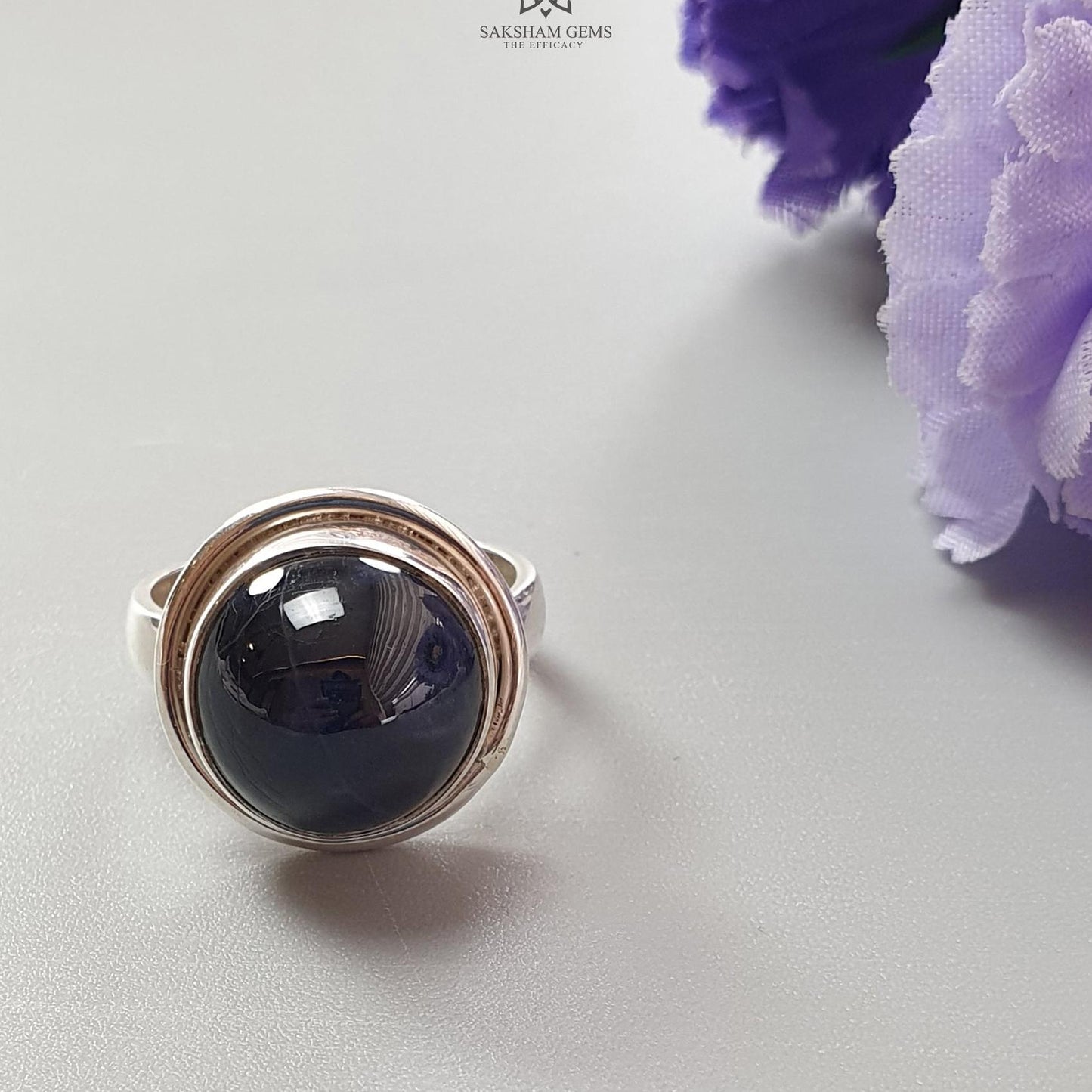 Blue Sapphire Silver Ring: 8.05gms Natural Sapphire Untreated Cabochon Round Shape 925 Sterling Silver Bezel Set Ring 7.5 US
