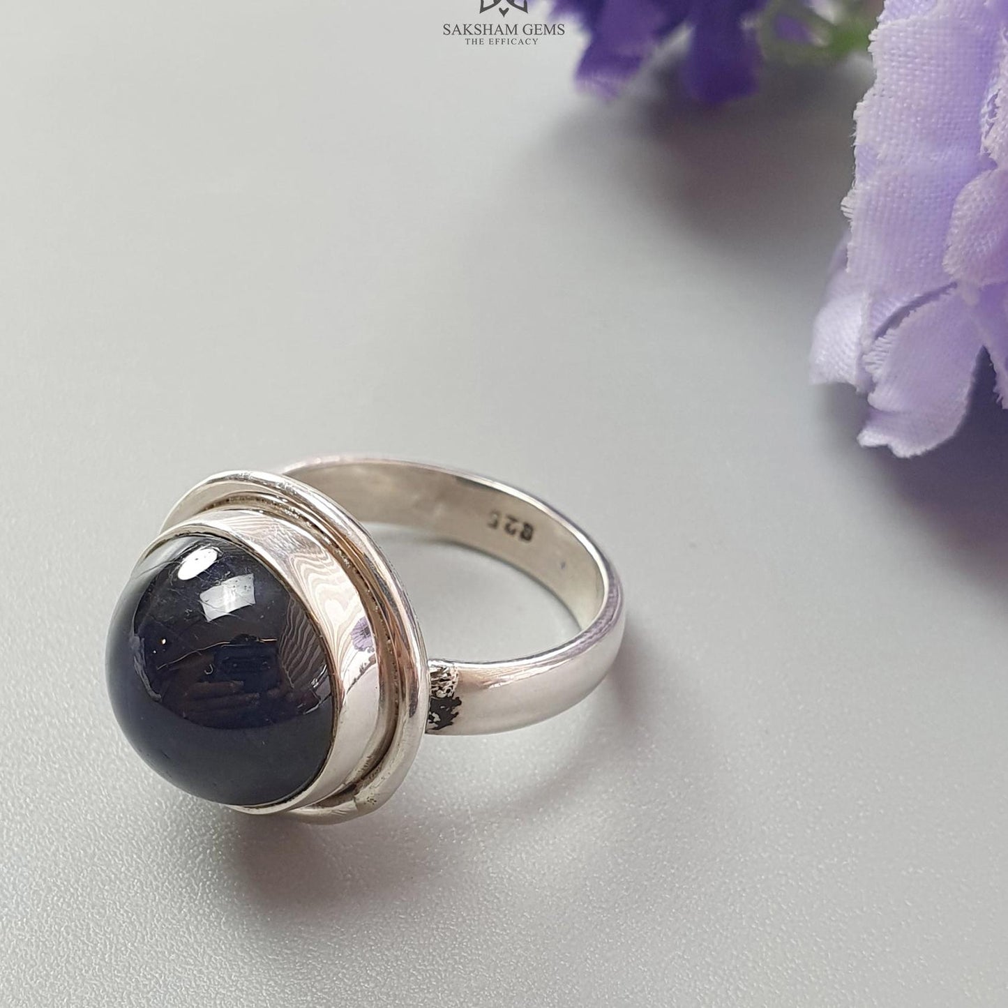 Blue Sapphire Silver Ring: 8.05gms Natural Sapphire Untreated Cabochon Round Shape 925 Sterling Silver Bezel Set Ring 7.5 US