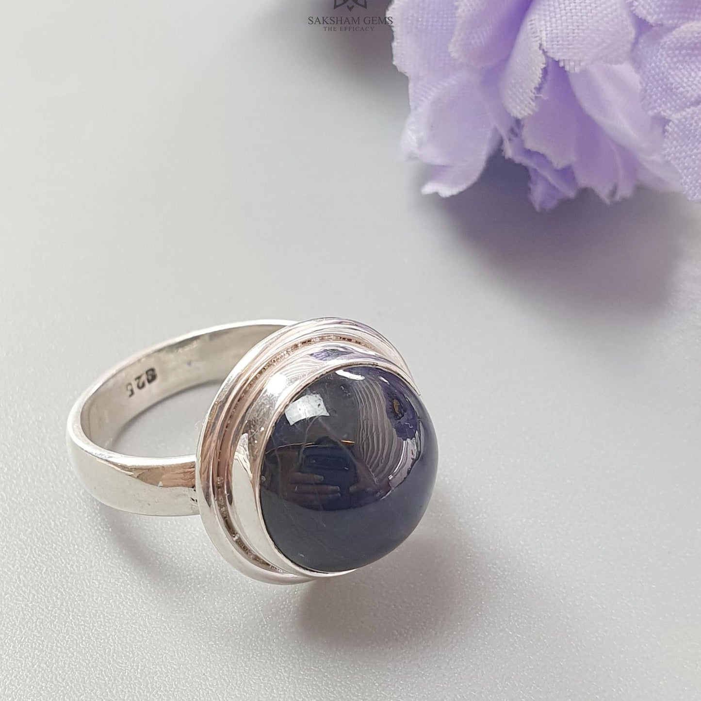 Blue Sapphire Silver Ring: 8.05gms Natural Sapphire Untreated Cabochon Round Shape 925 Sterling Silver Bezel Set Ring 7.5 US