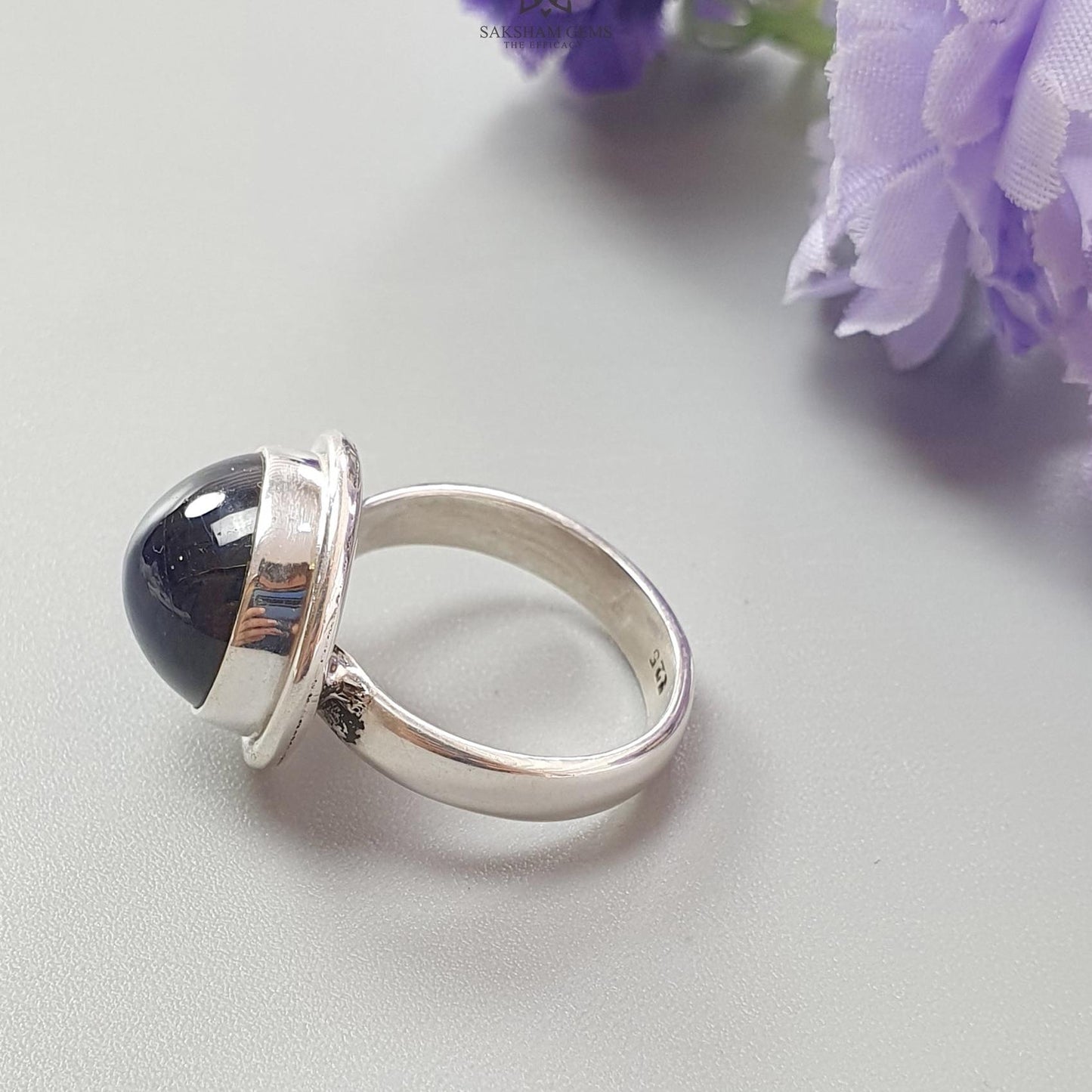 Blue Sapphire Silver Ring: 8.05gms Natural Sapphire Untreated Cabochon Round Shape 925 Sterling Silver Bezel Set Ring 7.5 US