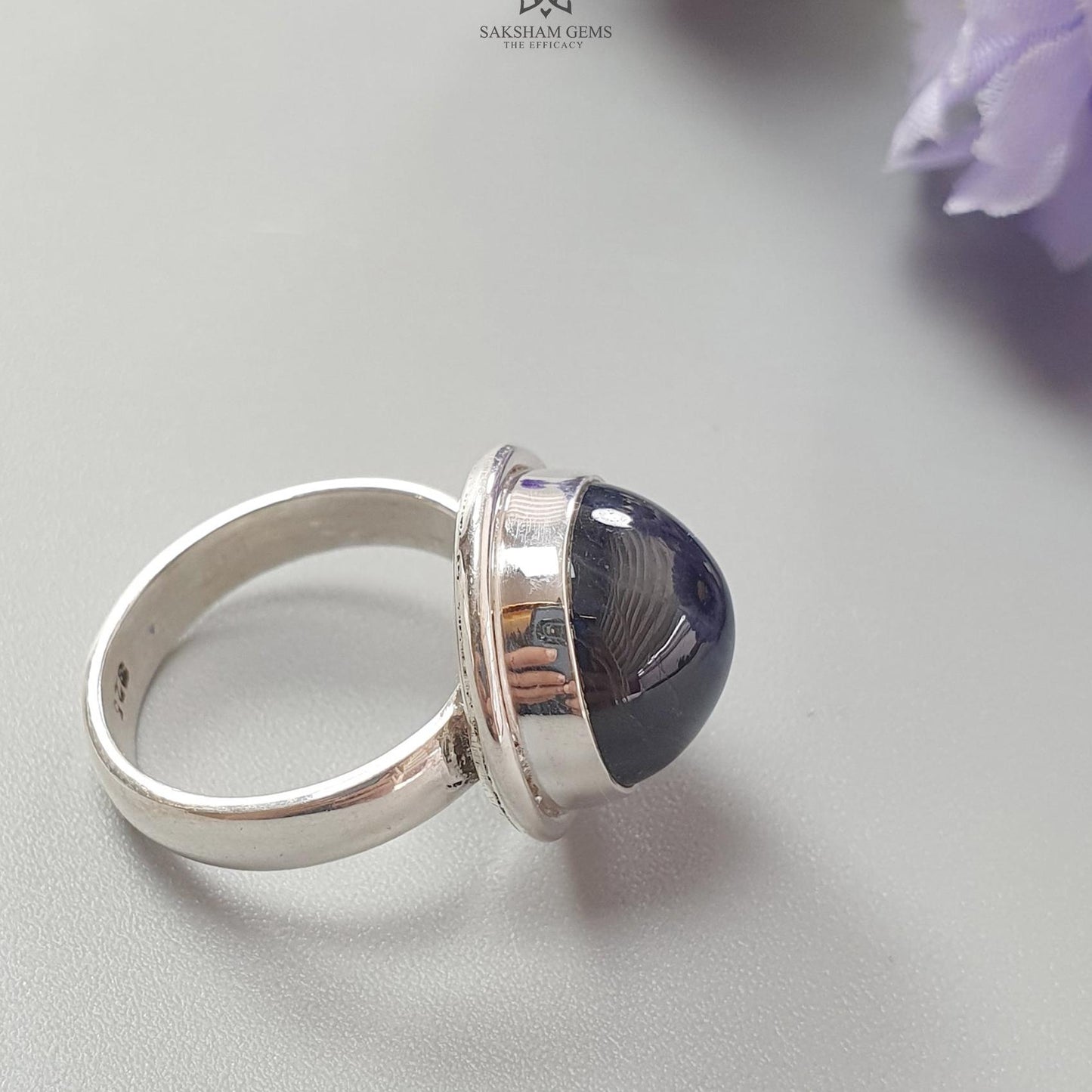 Blue Sapphire Silver Ring: 8.05gms Natural Sapphire Untreated Cabochon Round Shape 925 Sterling Silver Bezel Set Ring 7.5 US