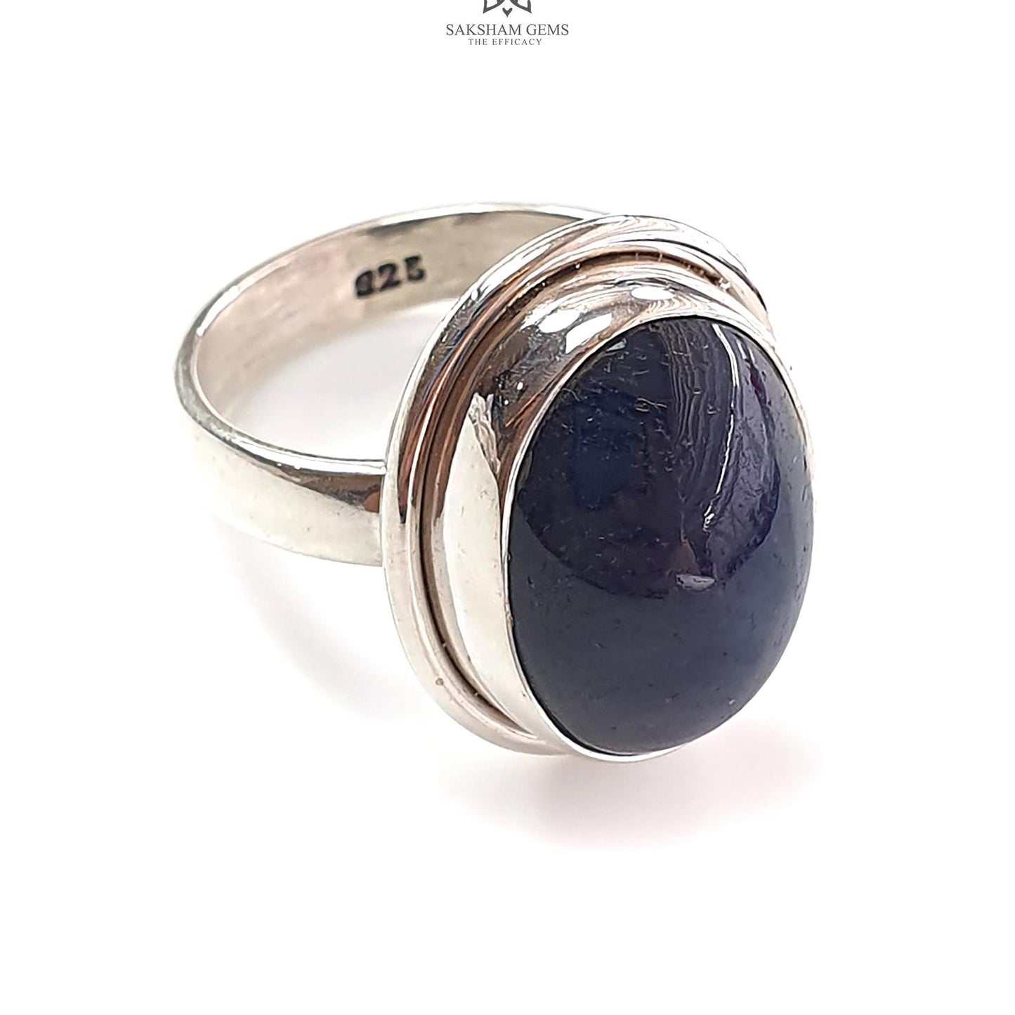 Blue Sapphire Silver Ring: 8.78gms. Natural Sapphire Untreated Cabochon Oval Shape 925 Sterling Silver Bezel Set Ring 7.50 US