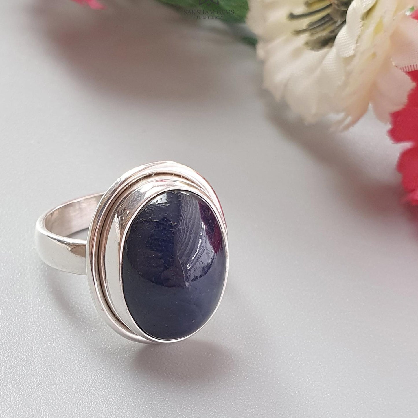 Blue Sapphire Silver Ring: 8.78gms. Natural Sapphire Untreated Cabochon Oval Shape 925 Sterling Silver Bezel Set Ring 7.50 US