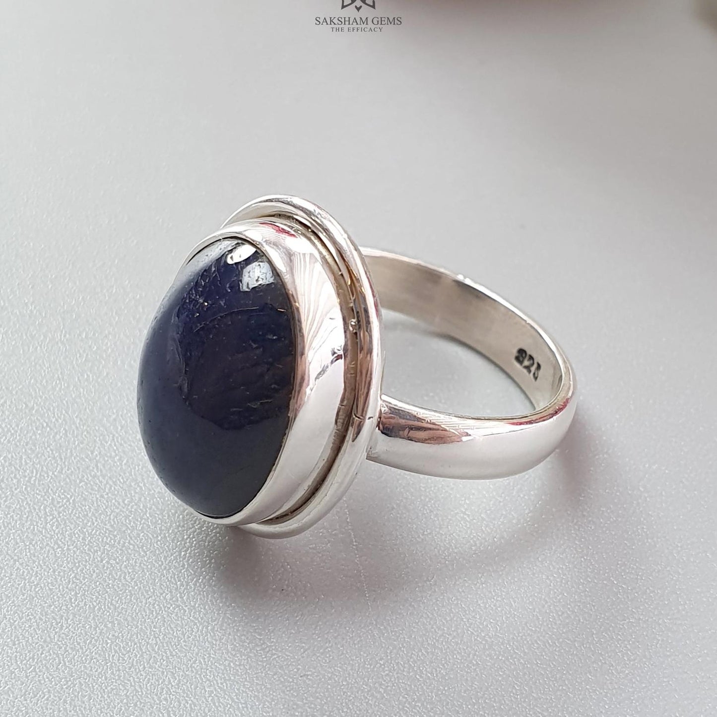 Blue Sapphire Silver Ring: 8.78gms. Natural Sapphire Untreated Cabochon Oval Shape 925 Sterling Silver Bezel Set Ring 7.50 US