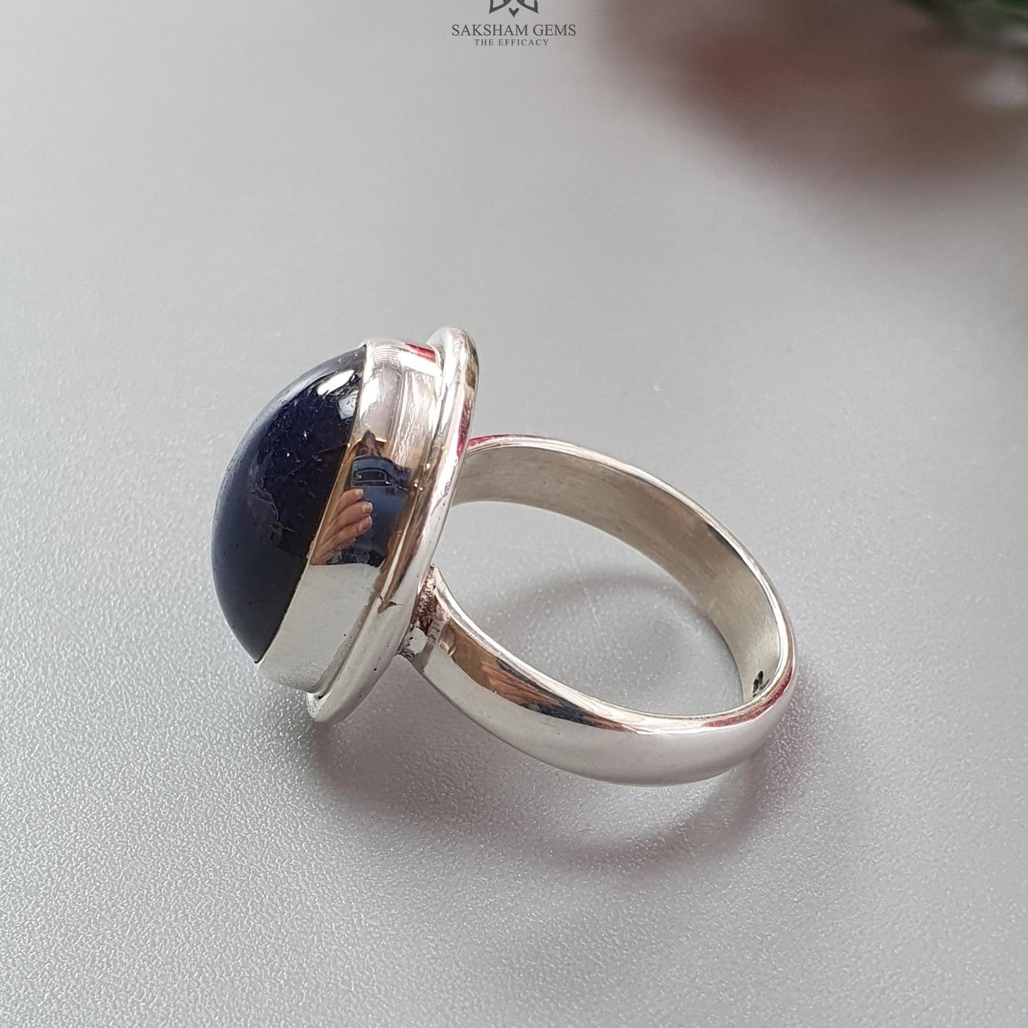 Blue Sapphire Silver Ring: 8.78gms. Natural Sapphire Untreated Cabochon Oval Shape 925 Sterling Silver Bezel Set Ring 7.50 US
