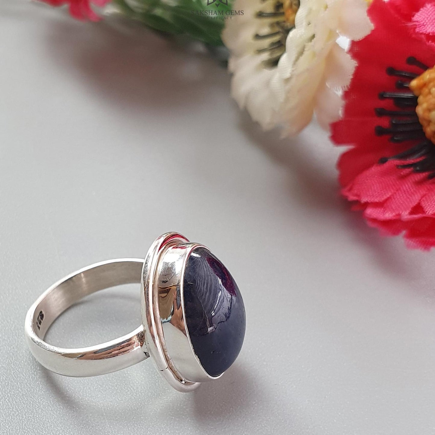 Blue Sapphire Silver Ring: 8.78gms. Natural Sapphire Untreated Cabochon Oval Shape 925 Sterling Silver Bezel Set Ring 7.50 US