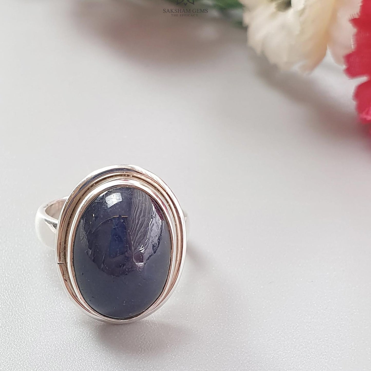 Blue Sapphire Silver Ring: 8.78gms. Natural Sapphire Untreated Cabochon Oval Shape 925 Sterling Silver Bezel Set Ring 7.50 US
