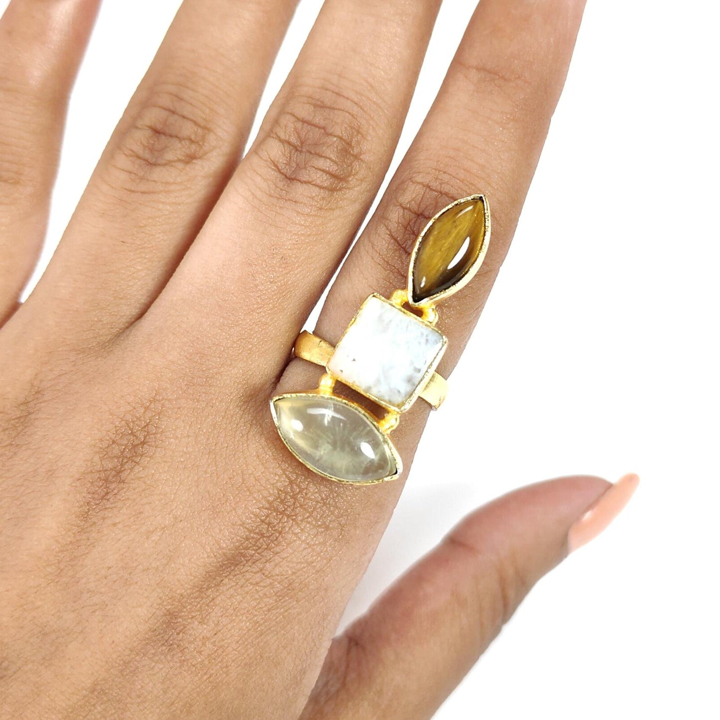 Handmade Cocktail Ring: 7.64gms Gold Plated Natural Multi Color Gemstone Boho Style Dainty Marquise Shape Adjustable Ring Gift For Her