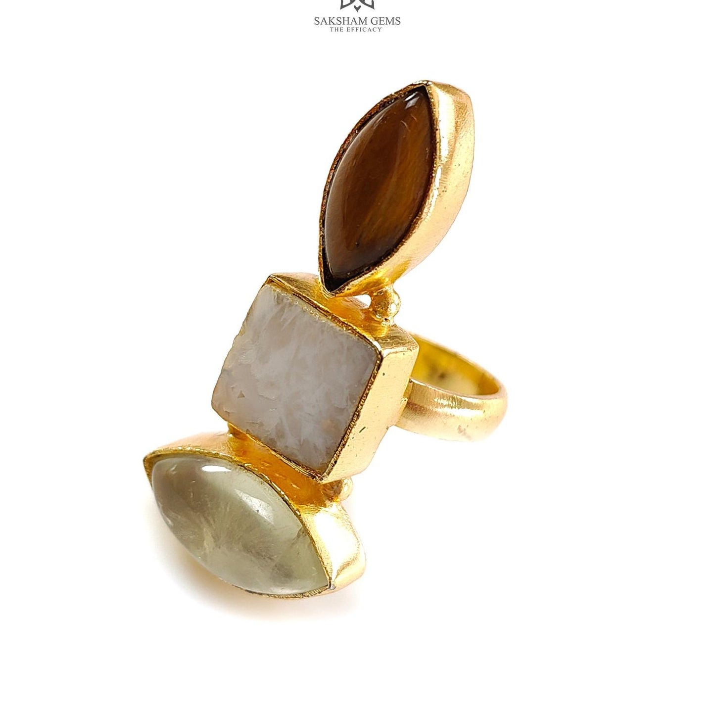 Handmade Cocktail Ring: 7.64gms Gold Plated Natural Multi Color Gemstone Boho Style Dainty Marquise Shape Adjustable Ring Gift For Her