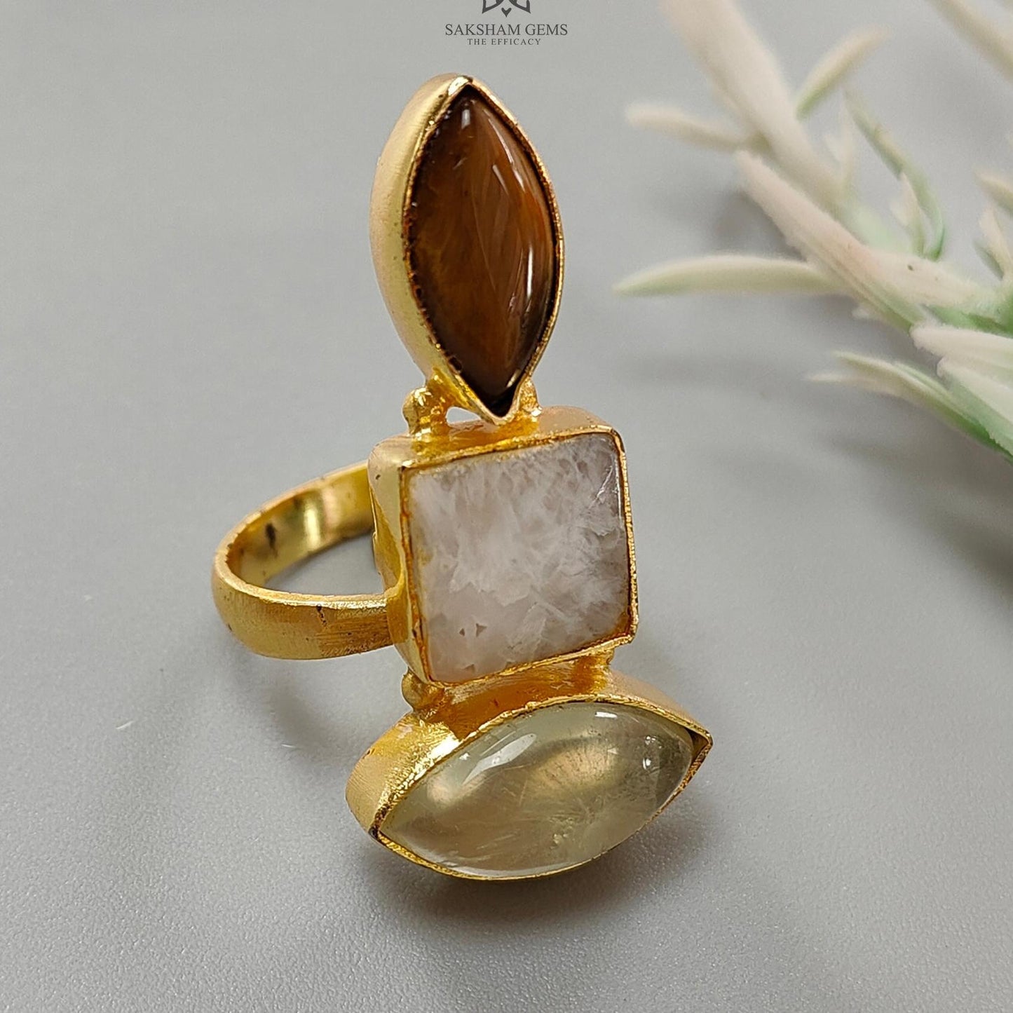 Handmade Cocktail Ring: 7.64gms Gold Plated Natural Multi Color Gemstone Boho Style Dainty Marquise Shape Adjustable Ring Gift For Her