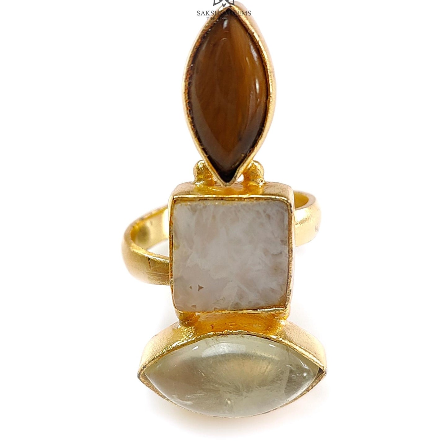 Handmade Cocktail Ring: 7.64gms Gold Plated Natural Multi Color Gemstone Boho Style Dainty Marquise Shape Adjustable Ring Gift For Her