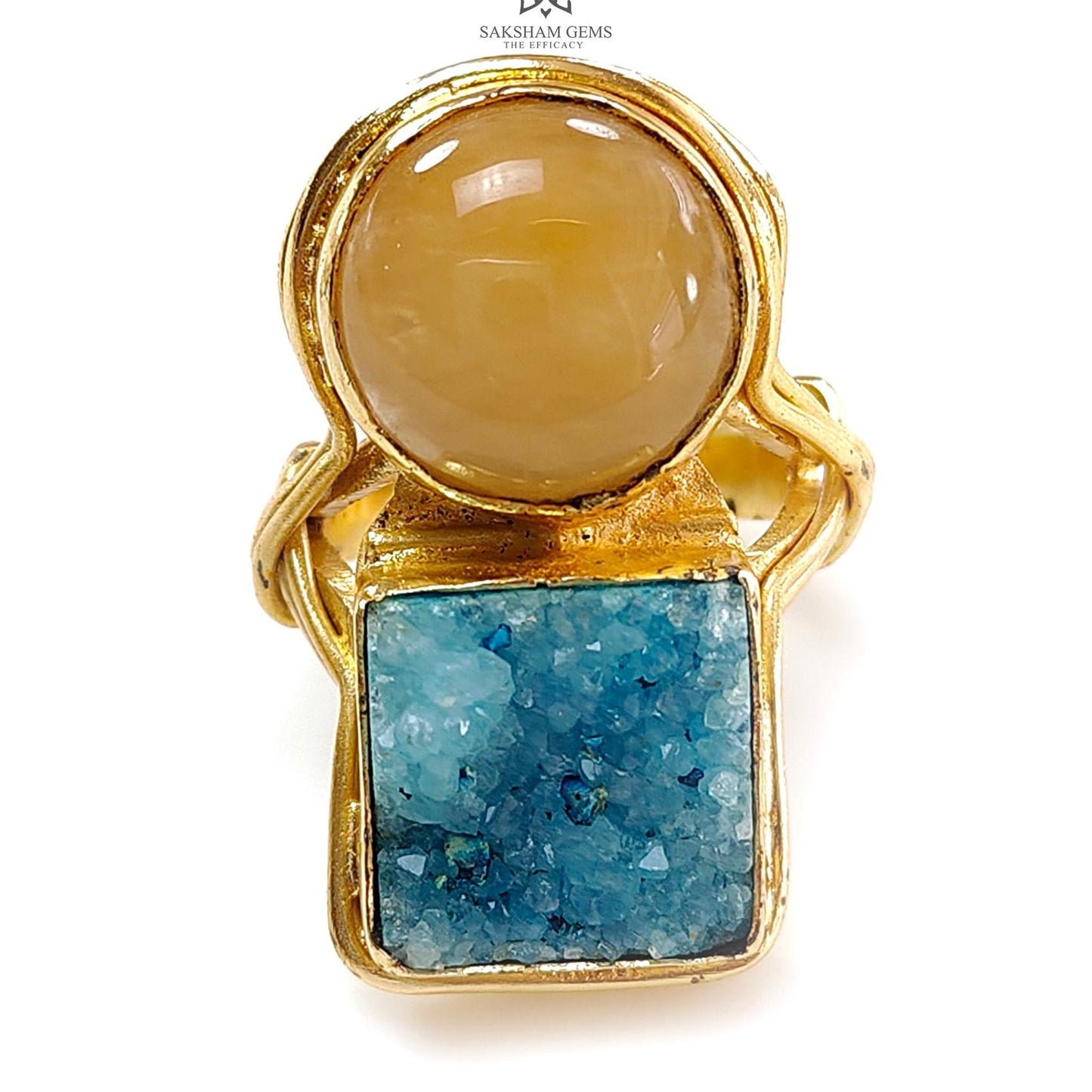 Handmade Cocktail Ring: 10.28gms Gold Plated Natural Multi Color Gemstone Boho Style Dainty Cushion Round Shape Adjustable Ring Gift For Her