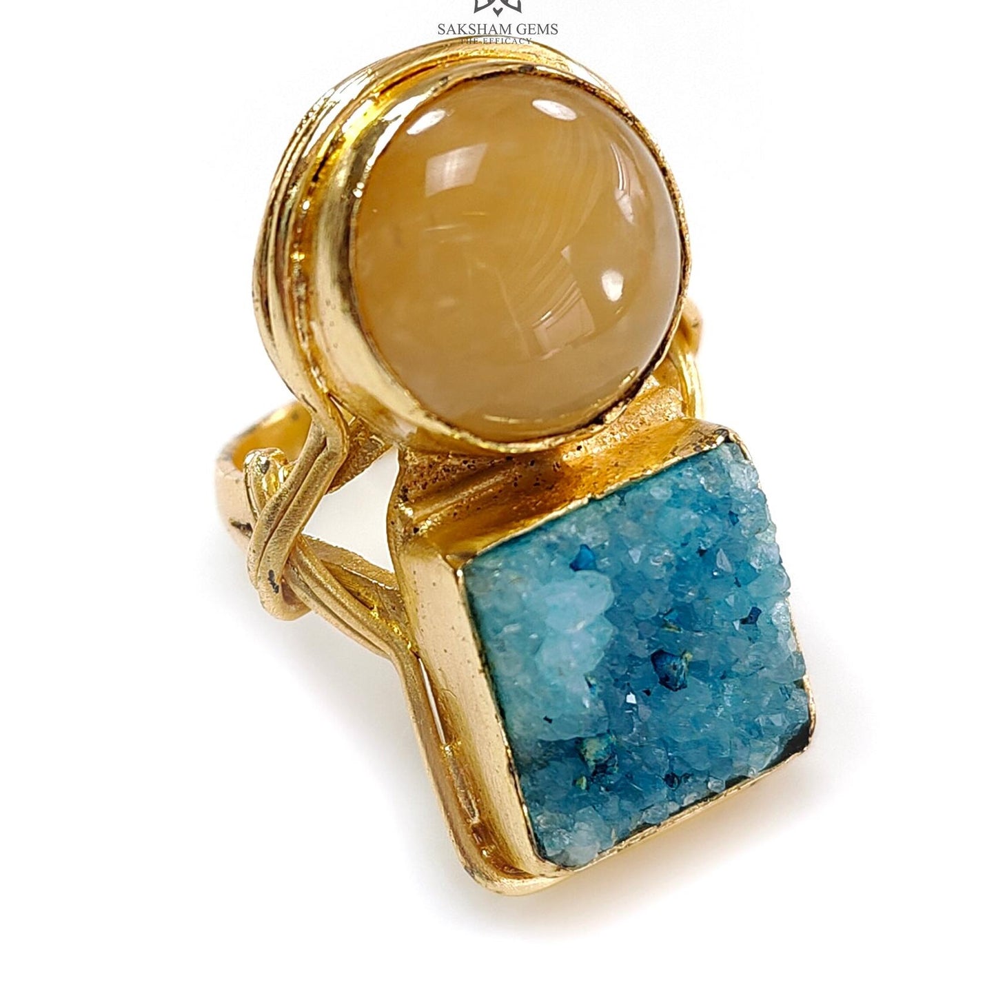 Handmade Cocktail Ring: 10.28gms Gold Plated Natural Multi Color Gemstone Boho Style Dainty Cushion Round Shape Adjustable Ring Gift For Her