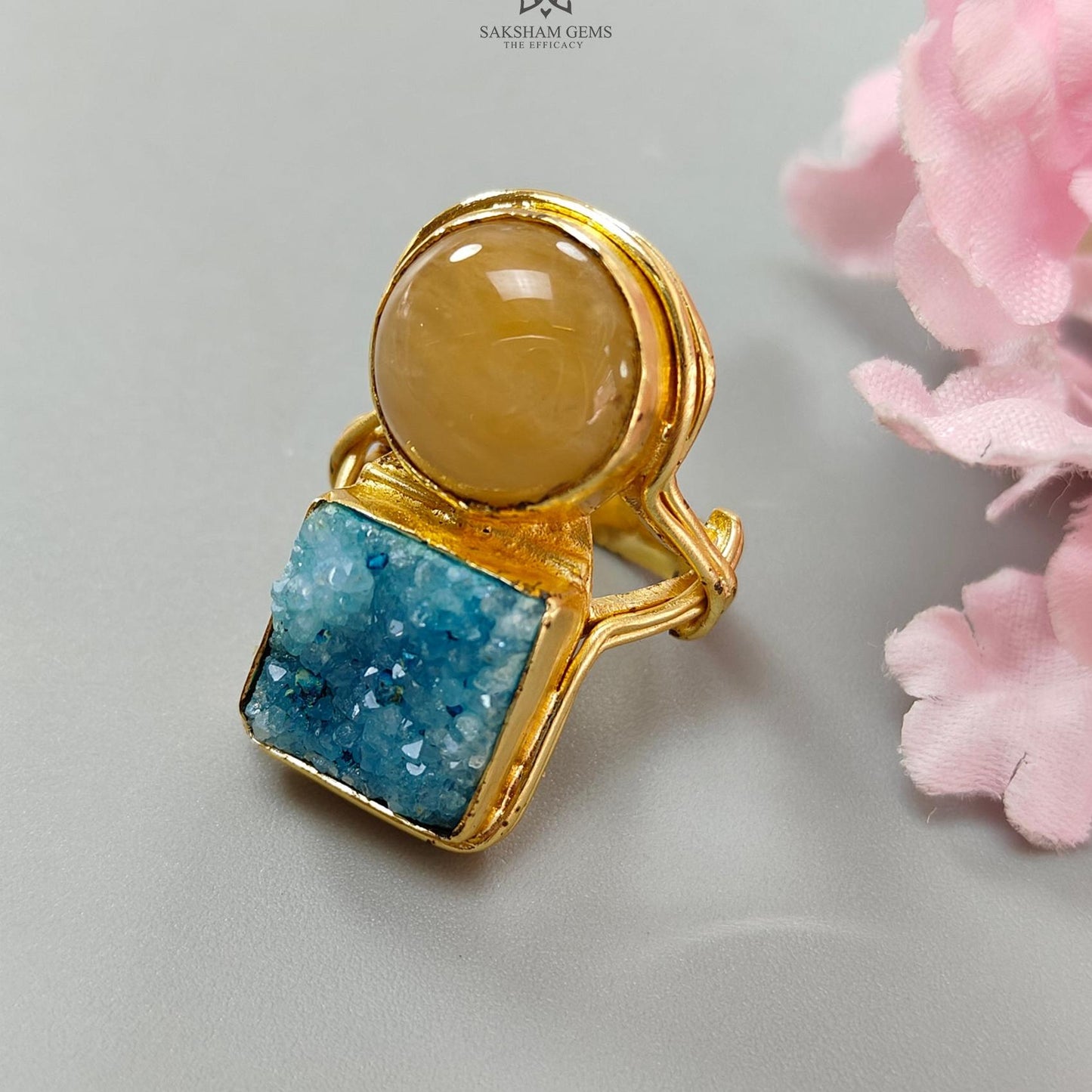 Handmade Cocktail Ring: 10.28gms Gold Plated Natural Multi Color Gemstone Boho Style Dainty Cushion Round Shape Adjustable Ring Gift For Her