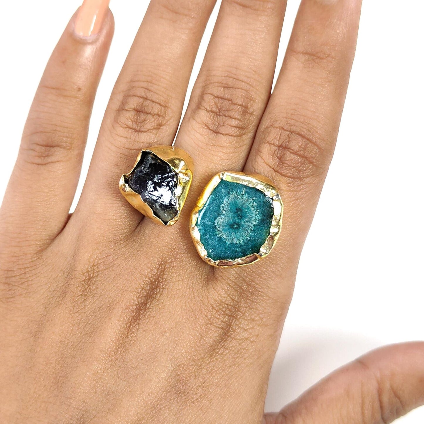 Handmade Cocktail Ring: 10.28gms Gold Plated Natural Multi Color Gemstone Boho Style Dainty Fancy Shape Adjustable Ring Gift For Her