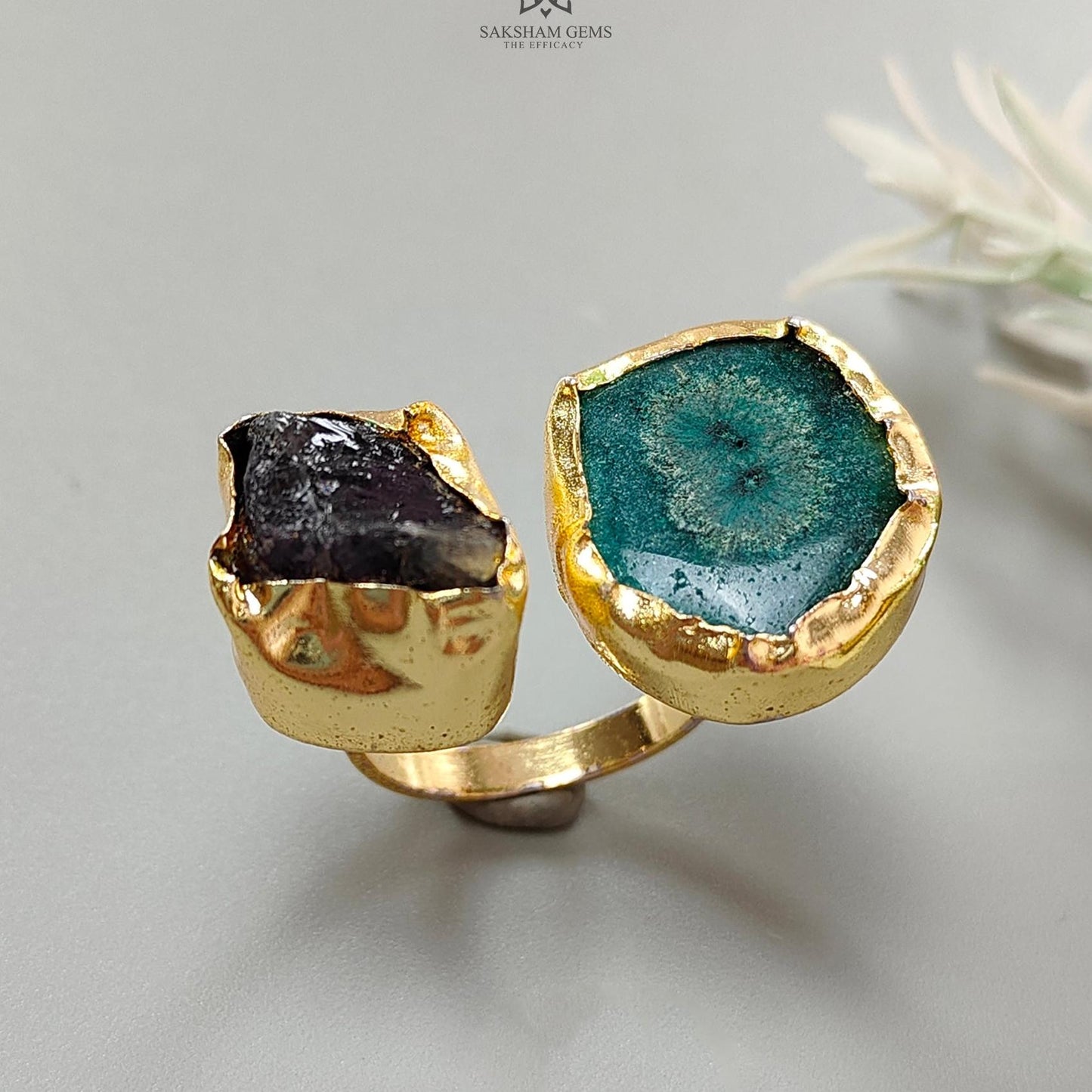 Handmade Cocktail Ring: 10.28gms Gold Plated Natural Multi Color Gemstone Boho Style Dainty Fancy Shape Adjustable Ring Gift For Her
