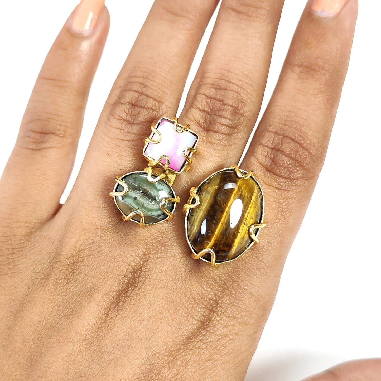 Handmade Cocktail Ring: 11.01gms Gold Plated Natural Multi Color Gemstone Boho Style Dainty Oval Shape Adjustable Ring Gift For Her