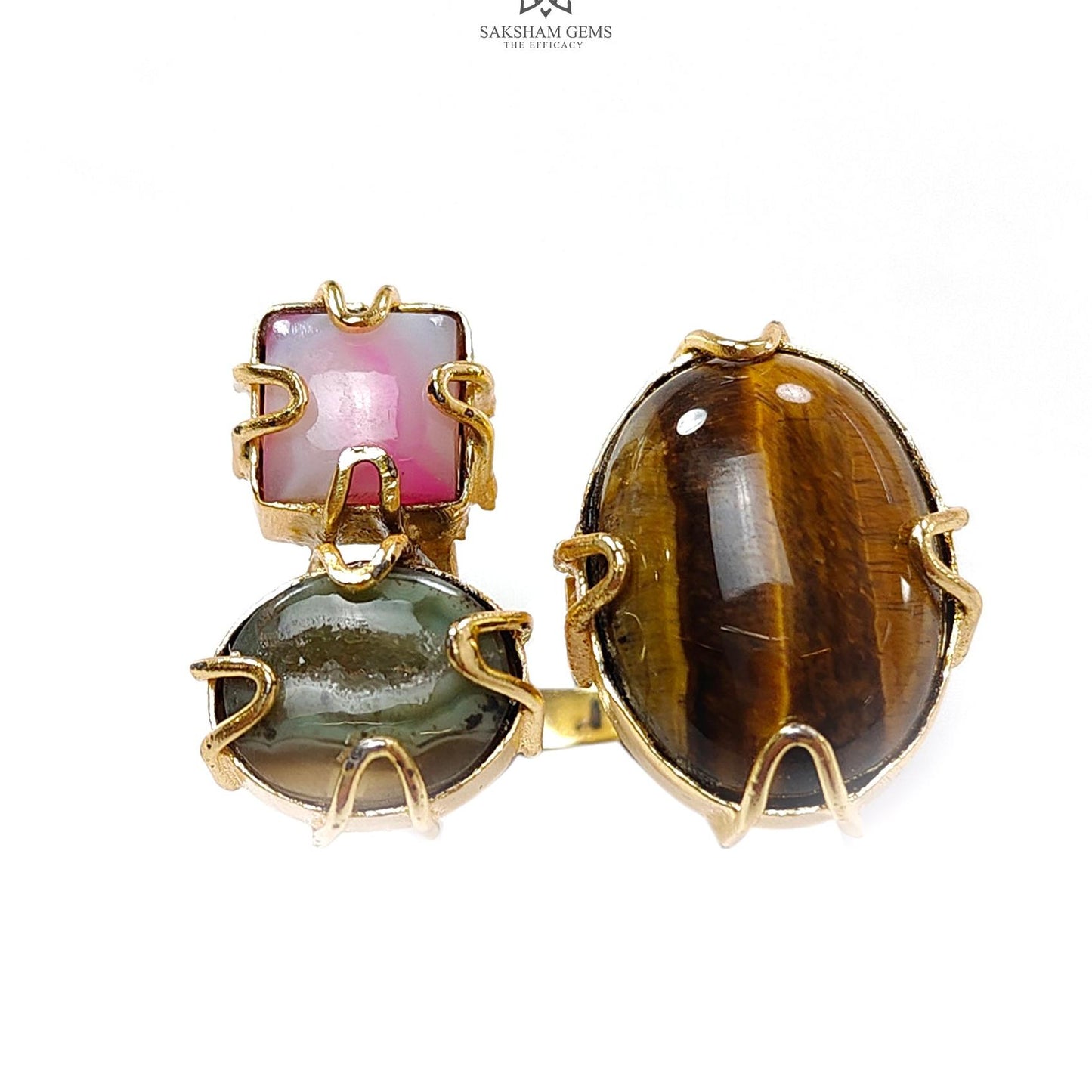 Handmade Cocktail Ring: 11.01gms Gold Plated Natural Multi Color Gemstone Boho Style Dainty Oval Shape Adjustable Ring Gift For Her