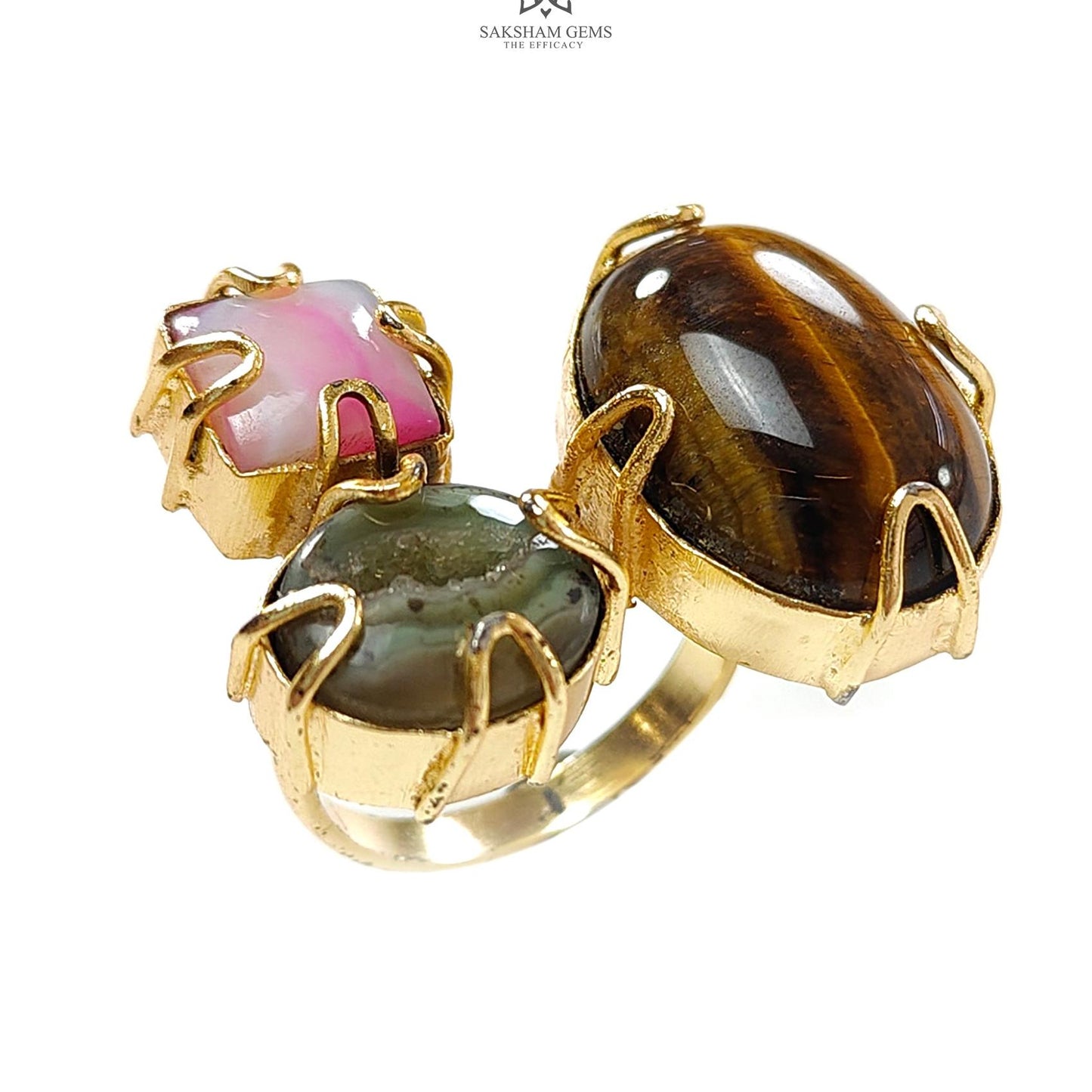 Handmade Cocktail Ring: 11.01gms Gold Plated Natural Multi Color Gemstone Boho Style Dainty Oval Shape Adjustable Ring Gift For Her