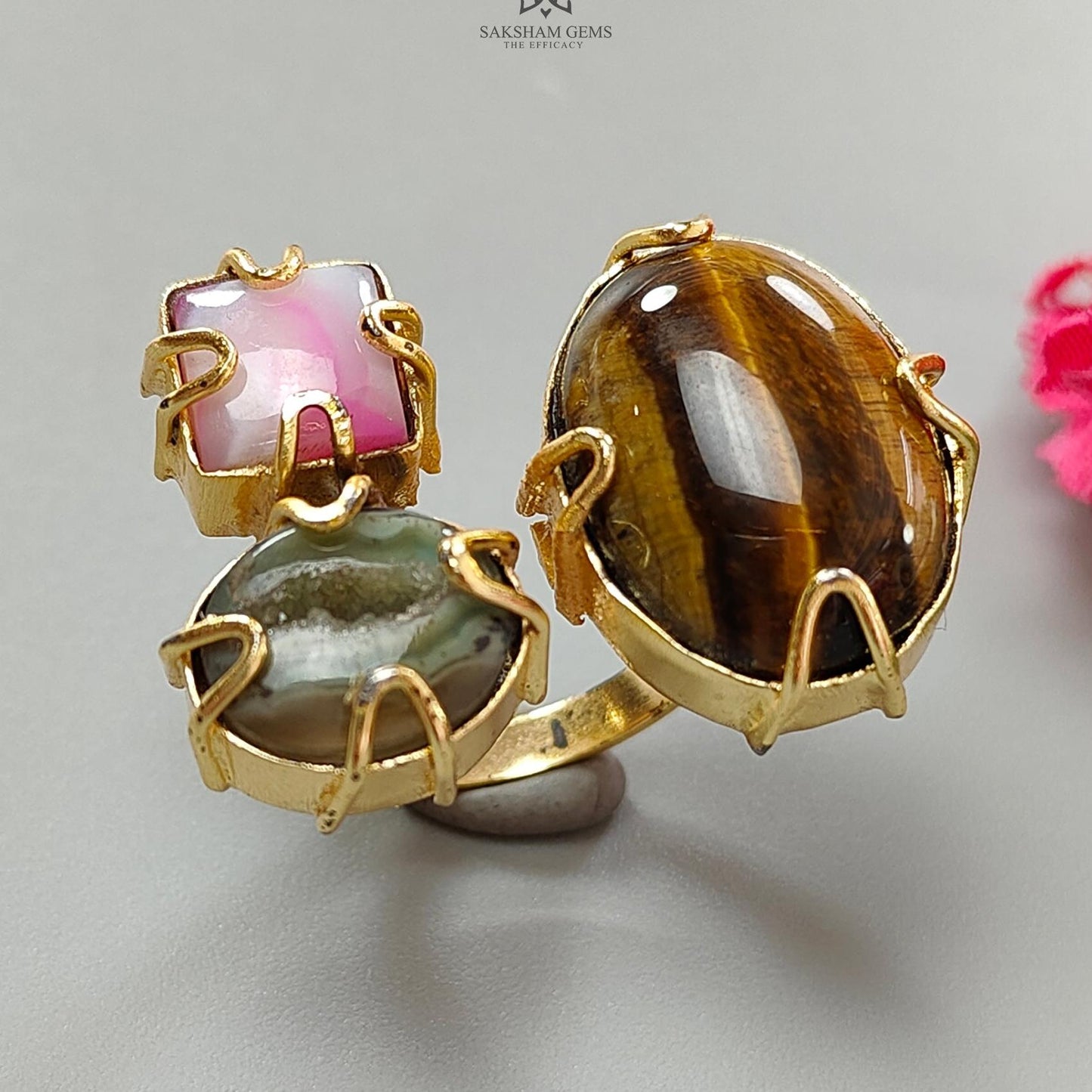 Handmade Cocktail Ring: 11.01gms Gold Plated Natural Multi Color Gemstone Boho Style Dainty Oval Shape Adjustable Ring Gift For Her