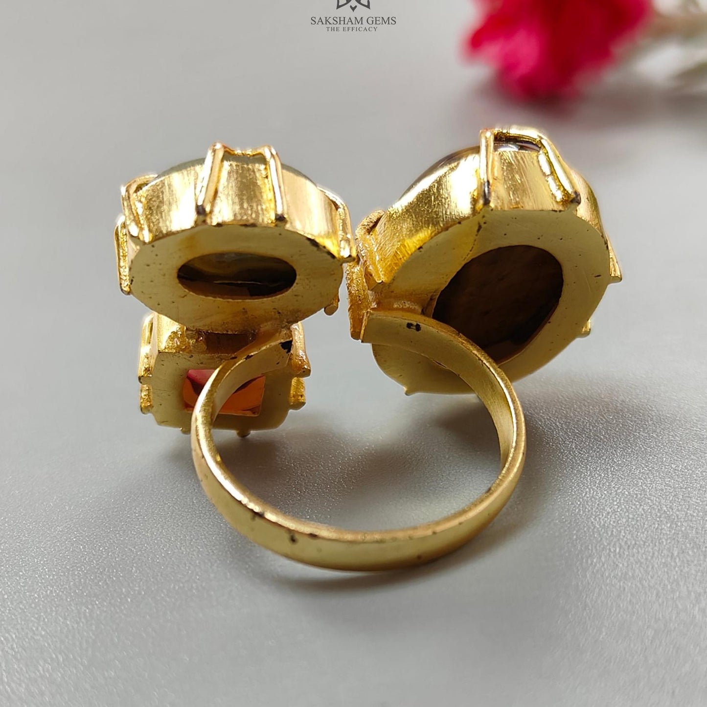 Handmade Cocktail Ring: 11.01gms Gold Plated Natural Multi Color Gemstone Boho Style Dainty Oval Shape Adjustable Ring Gift For Her