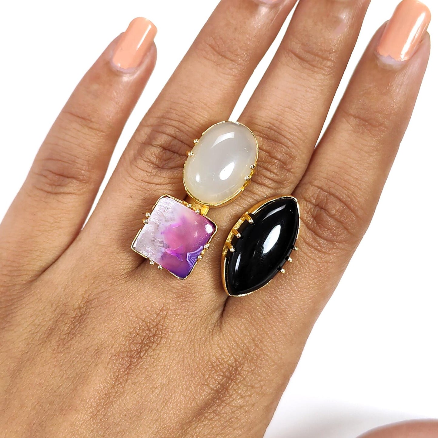 Handmade Cocktail Ring: 11.54gms Gold Plated Natural Multi Color Gemstone Boho Style Dainty Marquise Oval Shape Adjustable Ring Gift For Her