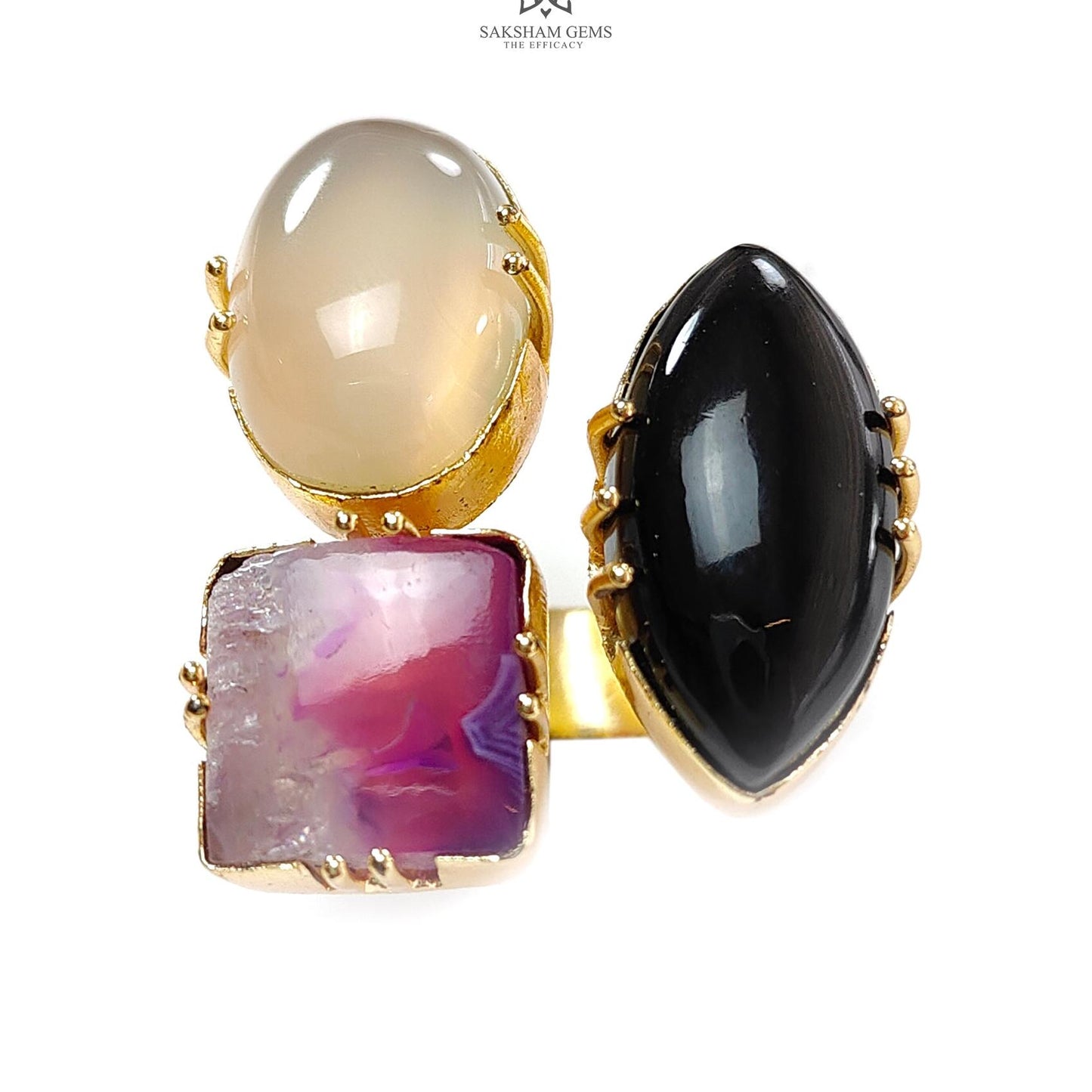 Handmade Cocktail Ring: 11.54gms Gold Plated Natural Multi Color Gemstone Boho Style Dainty Marquise Oval Shape Adjustable Ring Gift For Her