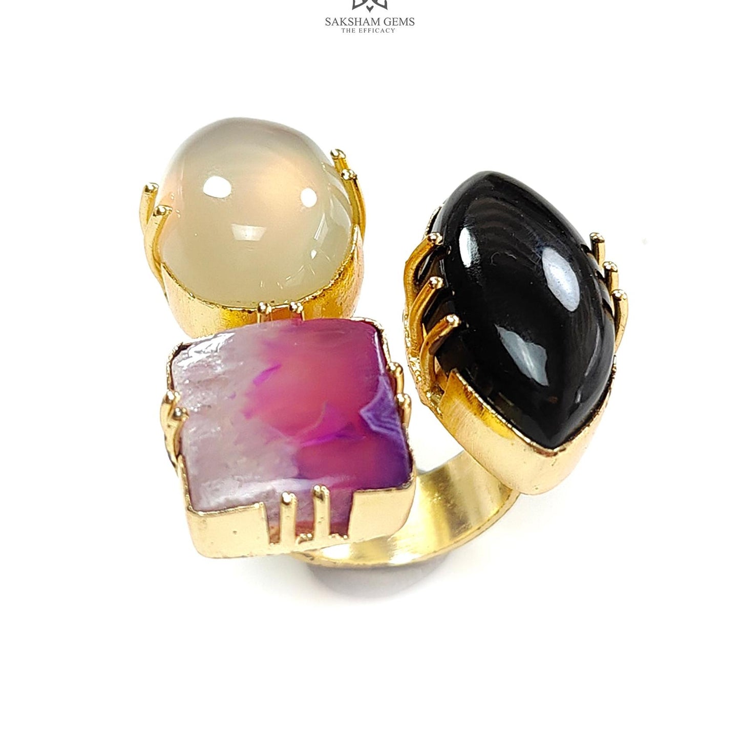 Handmade Cocktail Ring: 11.54gms Gold Plated Natural Multi Color Gemstone Boho Style Dainty Marquise Oval Shape Adjustable Ring Gift For Her
