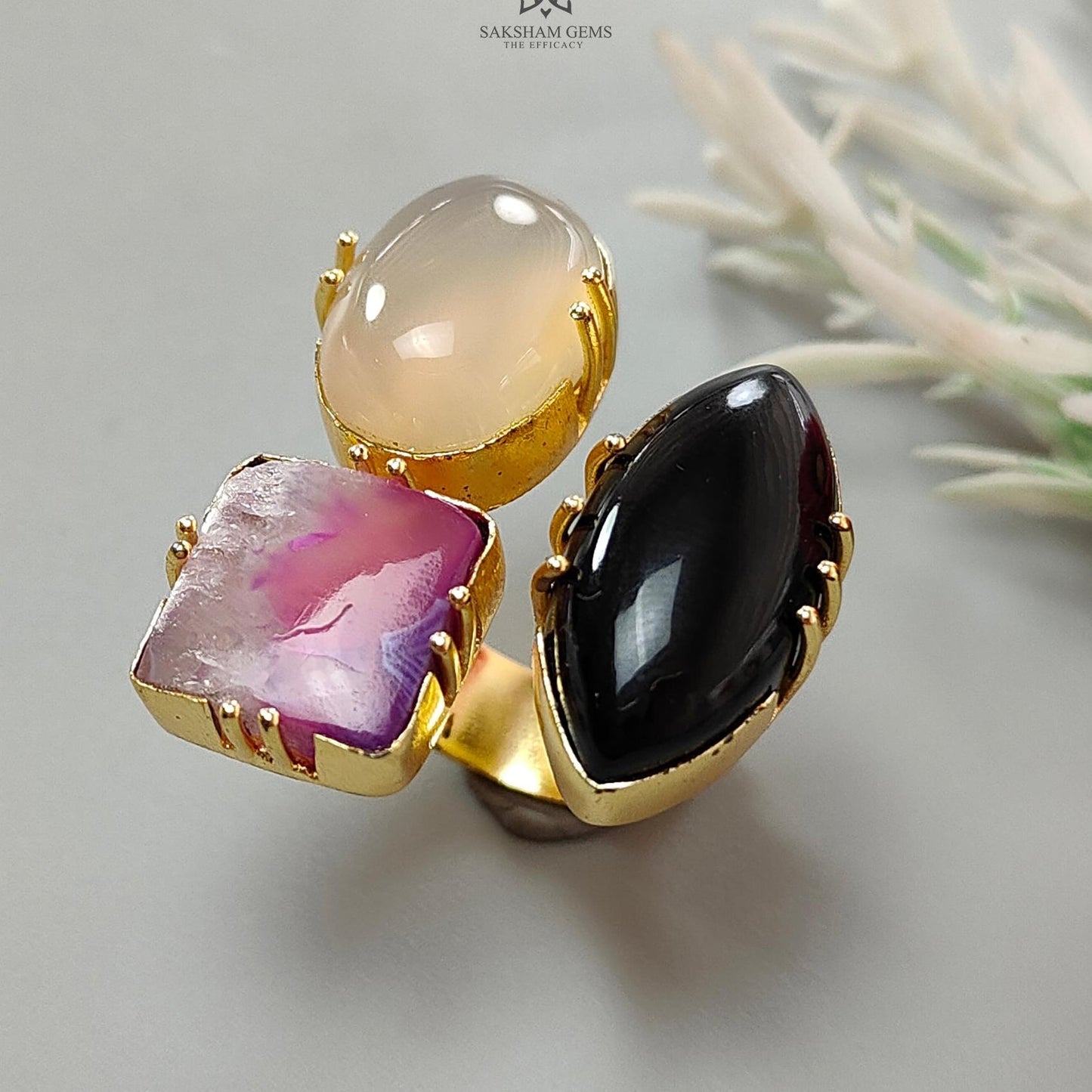 Handmade Cocktail Ring: 11.54gms Gold Plated Natural Multi Color Gemstone Boho Style Dainty Marquise Oval Shape Adjustable Ring Gift For Her