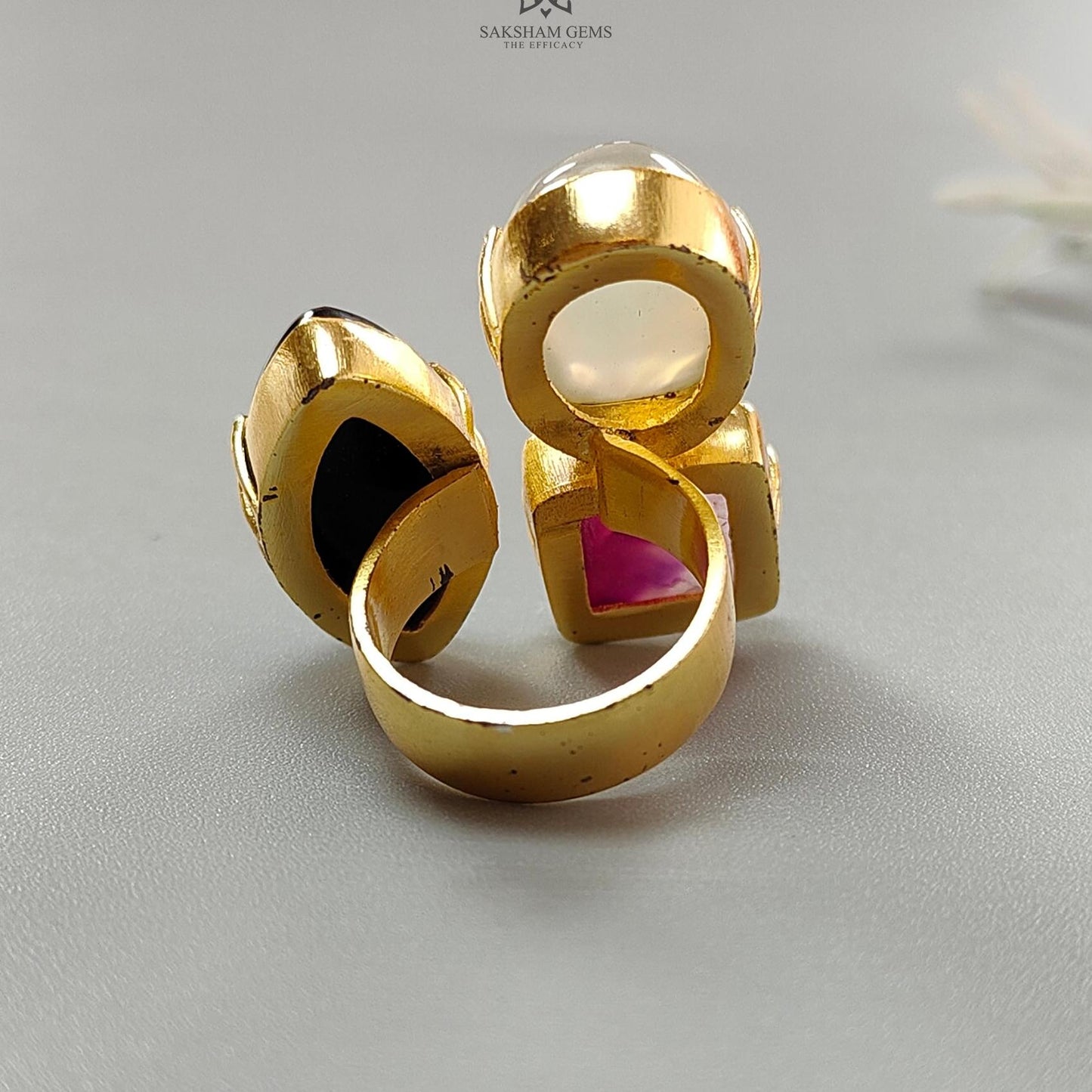 Handmade Cocktail Ring: 11.54gms Gold Plated Natural Multi Color Gemstone Boho Style Dainty Marquise Oval Shape Adjustable Ring Gift For Her