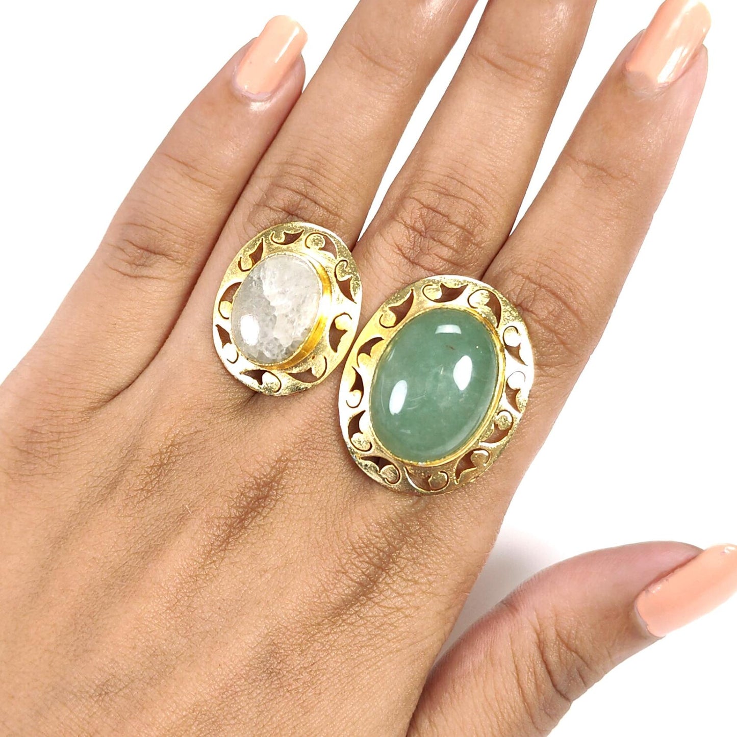 Handmade Cocktail Ring: 11.73gms Gold Plated Natural Multi Color Gemstone Boho Style Dainty Oval Shape Adjustable Ring Gift For Her