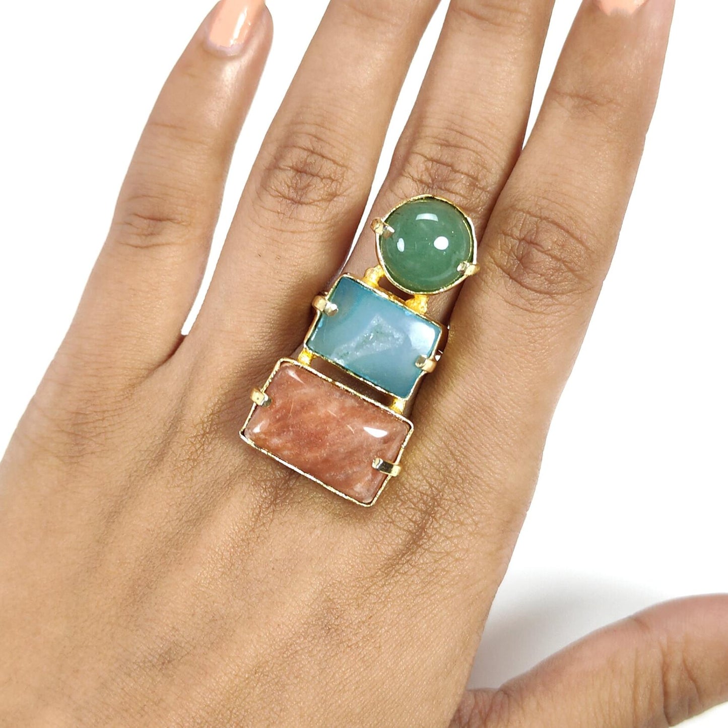 Handmade Cocktail Ring: 12.82gms Gold Plated Natural Multi Color Gemstone Boho Style Dainty Baguette Shape Adjustable Ring Gift For Her