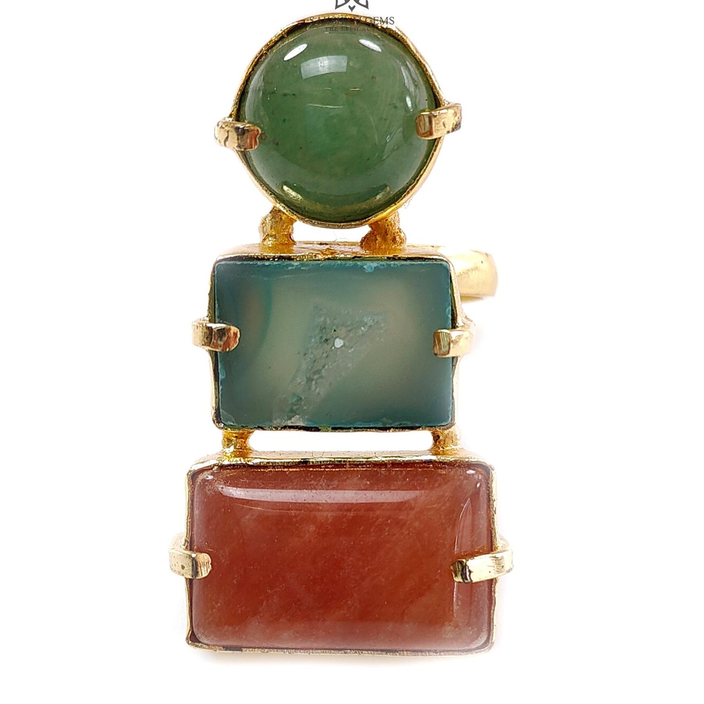 Handmade Cocktail Ring: 12.82gms Gold Plated Natural Multi Color Gemstone Boho Style Dainty Baguette Shape Adjustable Ring Gift For Her