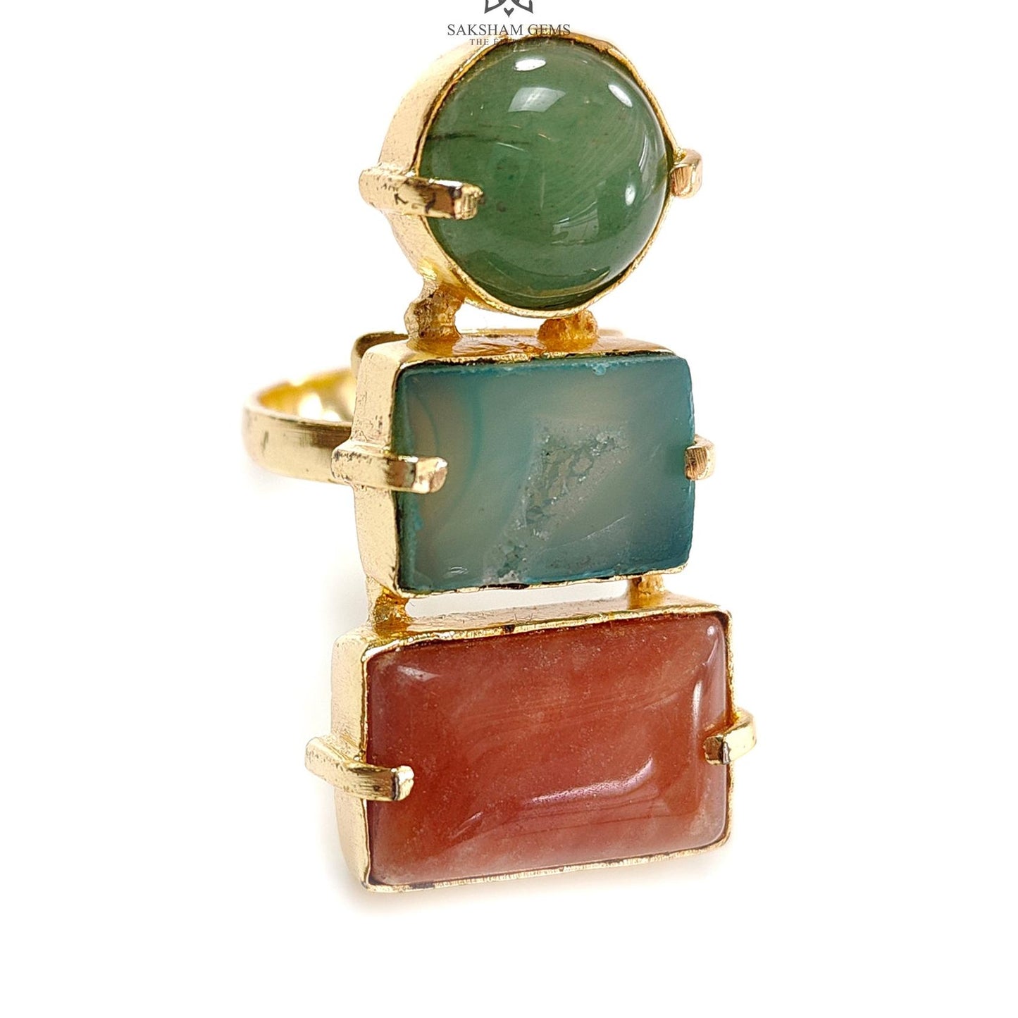 Handmade Cocktail Ring: 12.82gms Gold Plated Natural Multi Color Gemstone Boho Style Dainty Baguette Shape Adjustable Ring Gift For Her