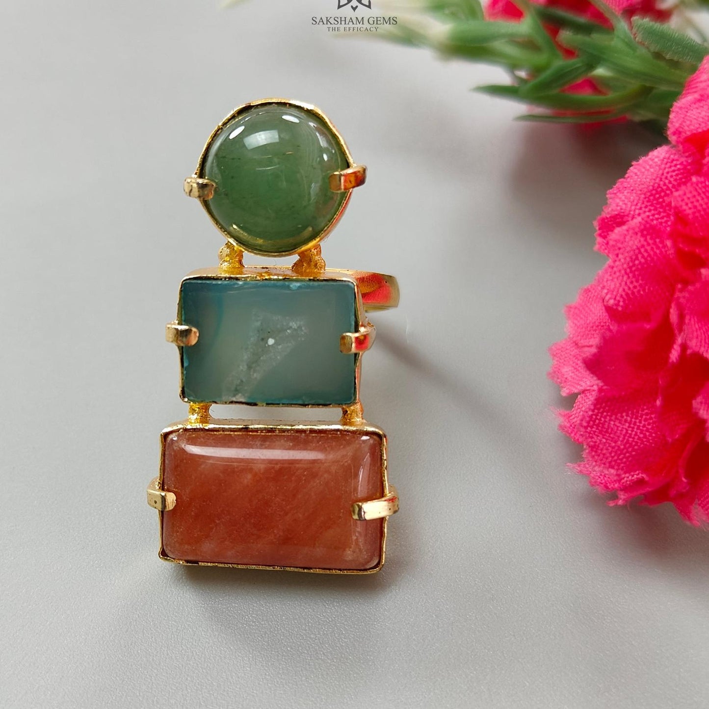 Handmade Cocktail Ring: 12.82gms Gold Plated Natural Multi Color Gemstone Boho Style Dainty Baguette Shape Adjustable Ring Gift For Her