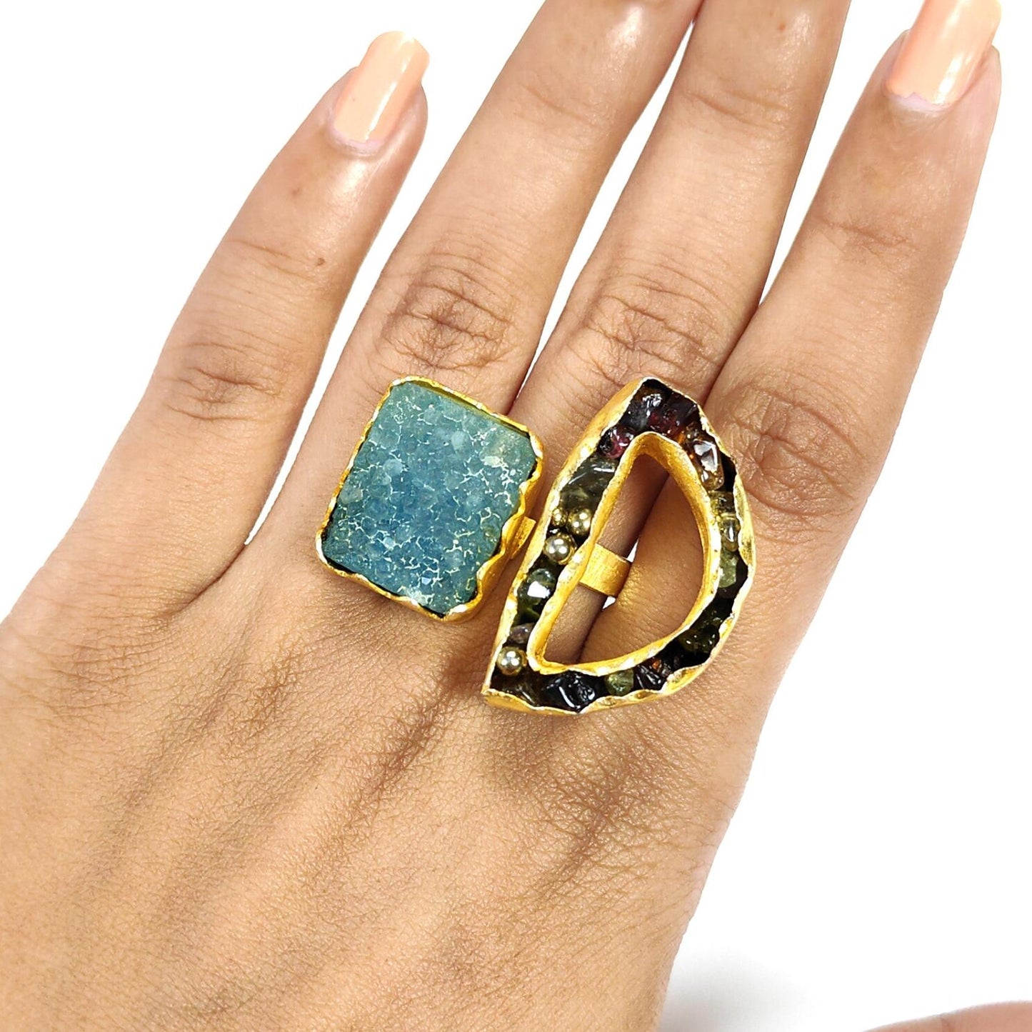 Handmade Cocktail Ring: 13.70gms Gold Plated Natural Multi Color Gemstone Boho Style Dainty Fancy Shape Adjustable Ring Gift For Her