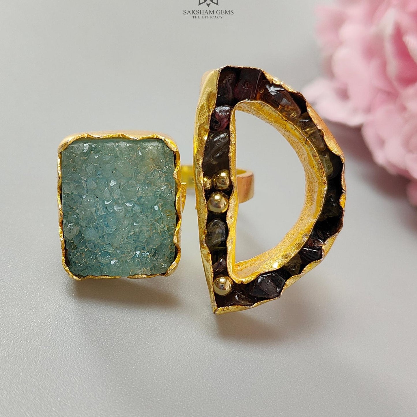 Handmade Cocktail Ring: 13.70gms Gold Plated Natural Multi Color Gemstone Boho Style Dainty Fancy Shape Adjustable Ring Gift For Her