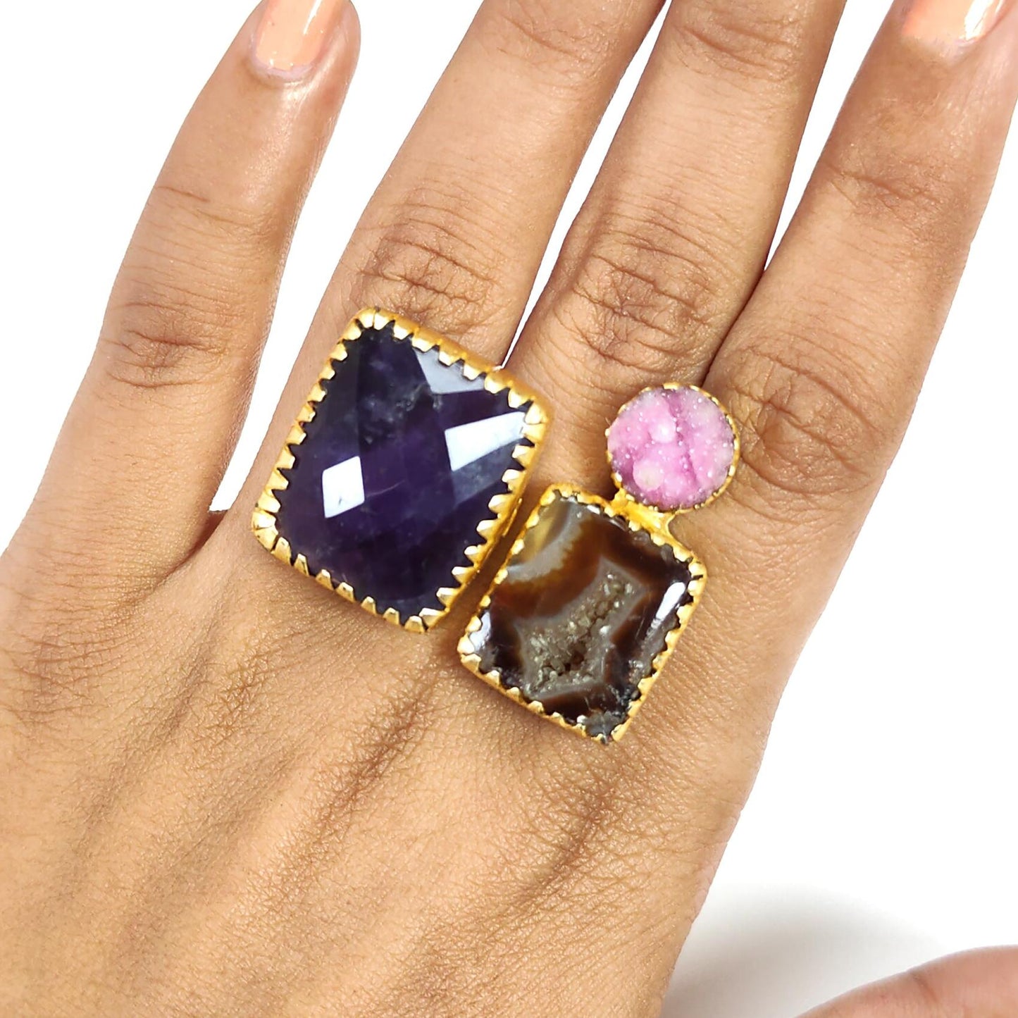 Handmade Cocktail Ring: 14.55gms Gold Plated Natural Multi Color Gemstone Boho Style Dainty Square Shape Adjustable Ring Gift For Her