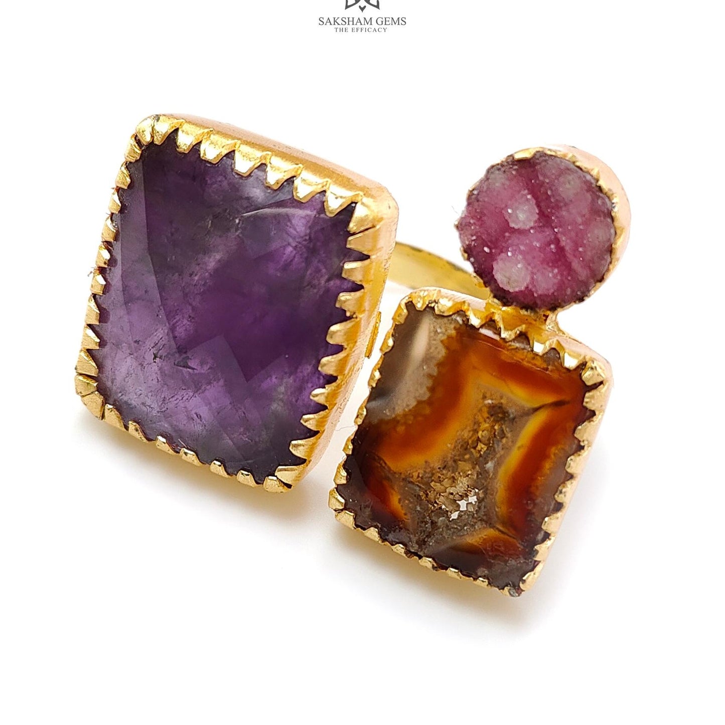 Handmade Cocktail Ring: 14.55gms Gold Plated Natural Multi Color Gemstone Boho Style Dainty Square Shape Adjustable Ring Gift For Her